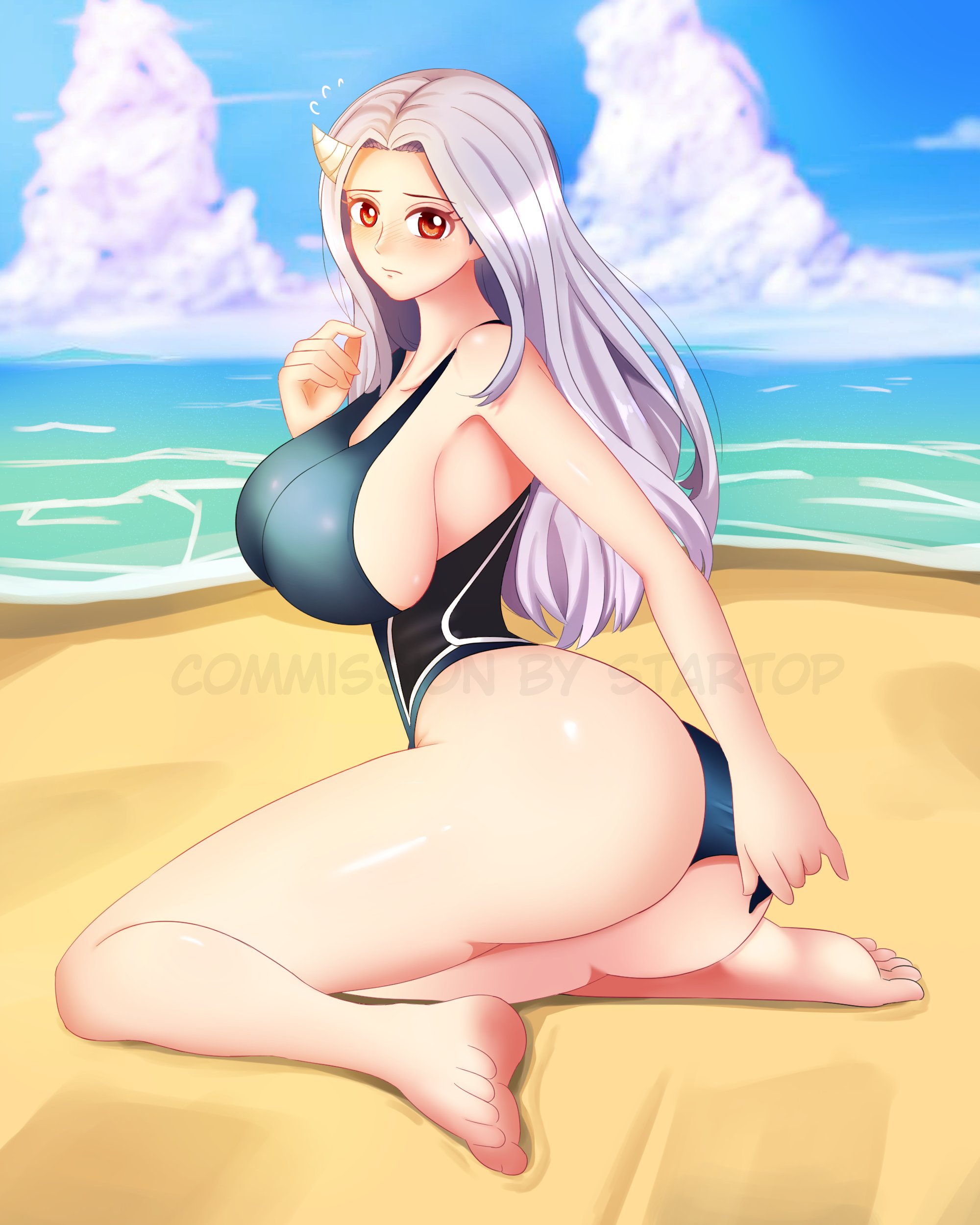 absurdres, aged up, ass, beach, blush, breasts, eri (my hero academia), feet, female, female only, highres, horn, large breasts, long hair, looking at viewer, my hero academia, older, one-piece swimsuit, red eyes, shounen jump, sitting, sky, solo female, startop, swimsuit, thighs, water, white hair