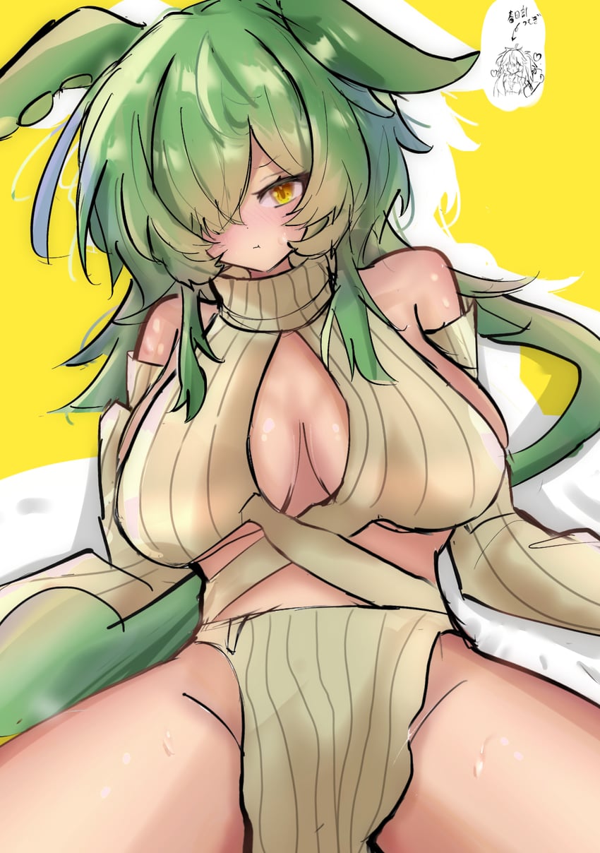 :t aged_up alternate_costume alternate_hairstyle blush breasts closed_mouth commentary_request cowboy_shot evolved_virgin_killer_sweater female frown green_hair hair_between_eyes hair_over_one_eye highres kasukabe_tsumugi large_breasts long_bangs long_hair looking_at_viewer muu_hachiba pelvic_curtain pout ribbed_sweater solo_focus sweater textless_version thighs voiceroid voicevox yellow_eyes zundamon