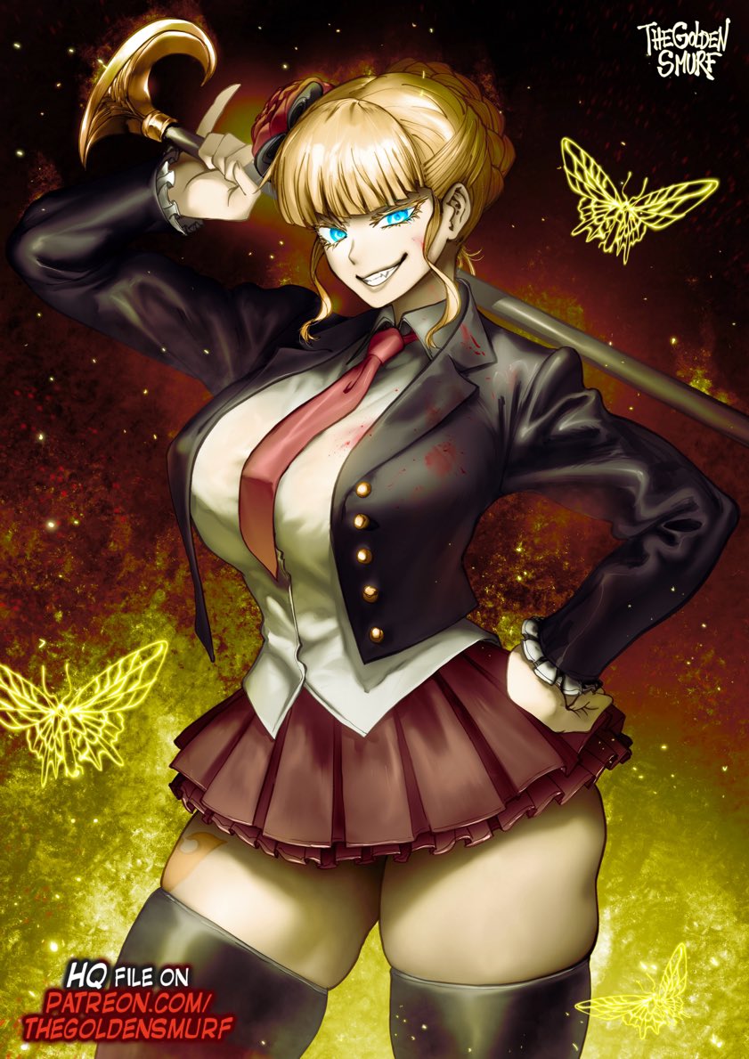 07th_expansion 1girls beatrice_(umineko) big_breasts black_thighhighs blonde_hair blue_eyes female female_only hand_on_hip looking_at_viewer skindentation smiling smiling_at_viewer solo teeth_showing thegoldensmurf thick_thighs thighhighs umineko_no_naku_koro_ni