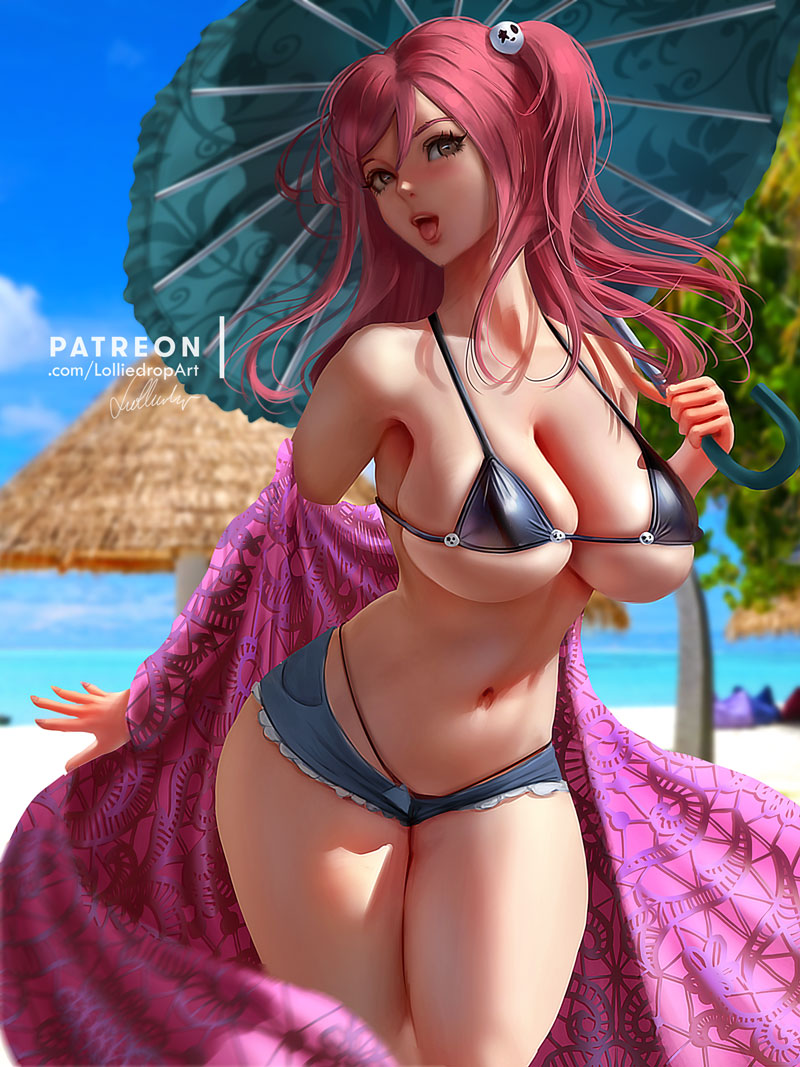 1girls, beach, belly, bikini, black bikini, breasts, cleavage, curvaceous, curvy, dead or alive, disrobing, female, female only, hazel eyes, honoka (doa), huge breasts, kimono, lolliedrop, navel, parasol, pink hair, short shorts, solo, swimsuit, umbrella, voluptuous, wide hips