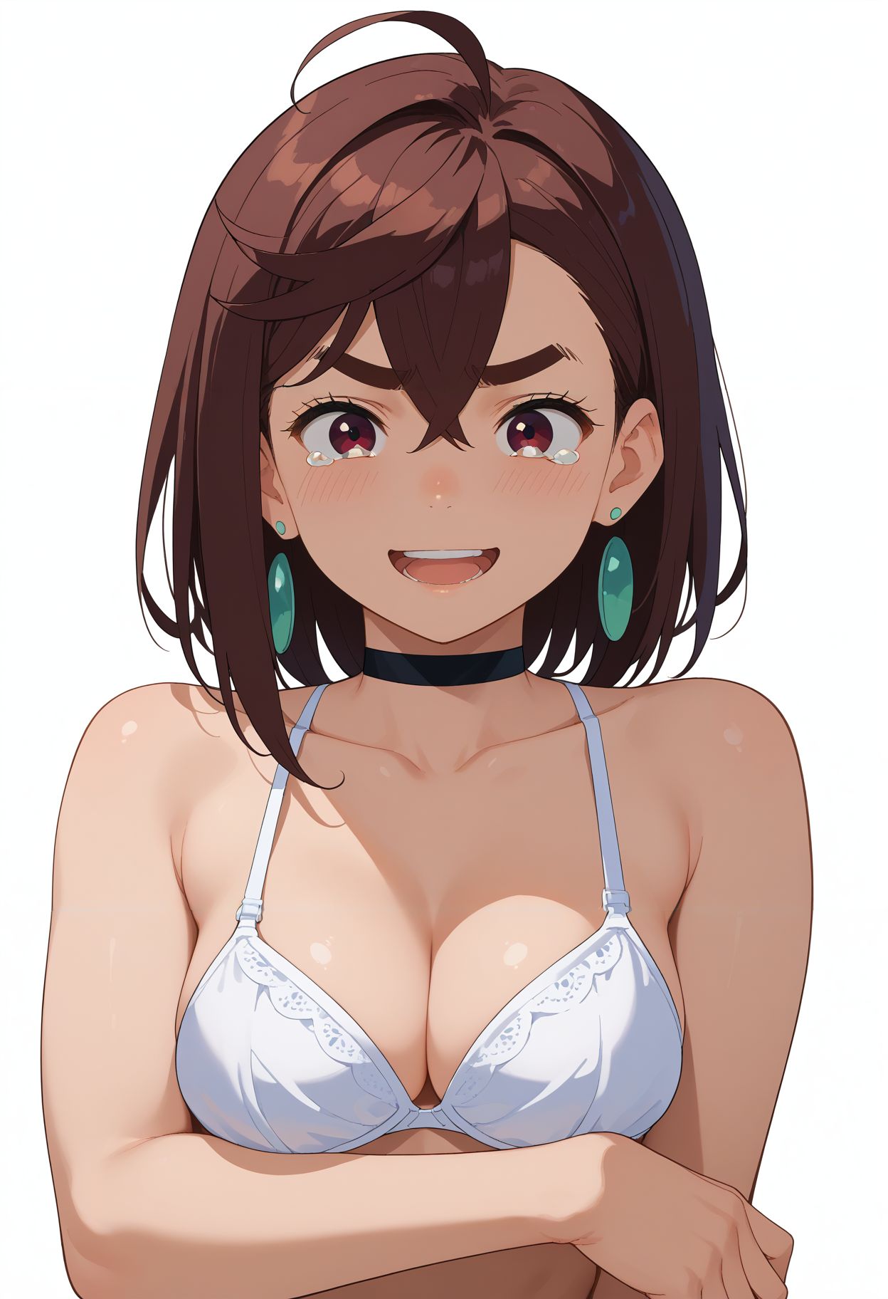 1girls ai_generated ayase_momo black_choker brown_eyes brown_hair brown_hair choker civitai dandadan earrings female female_focus goofy_ai green_earrings more_at_source short_hair tagme