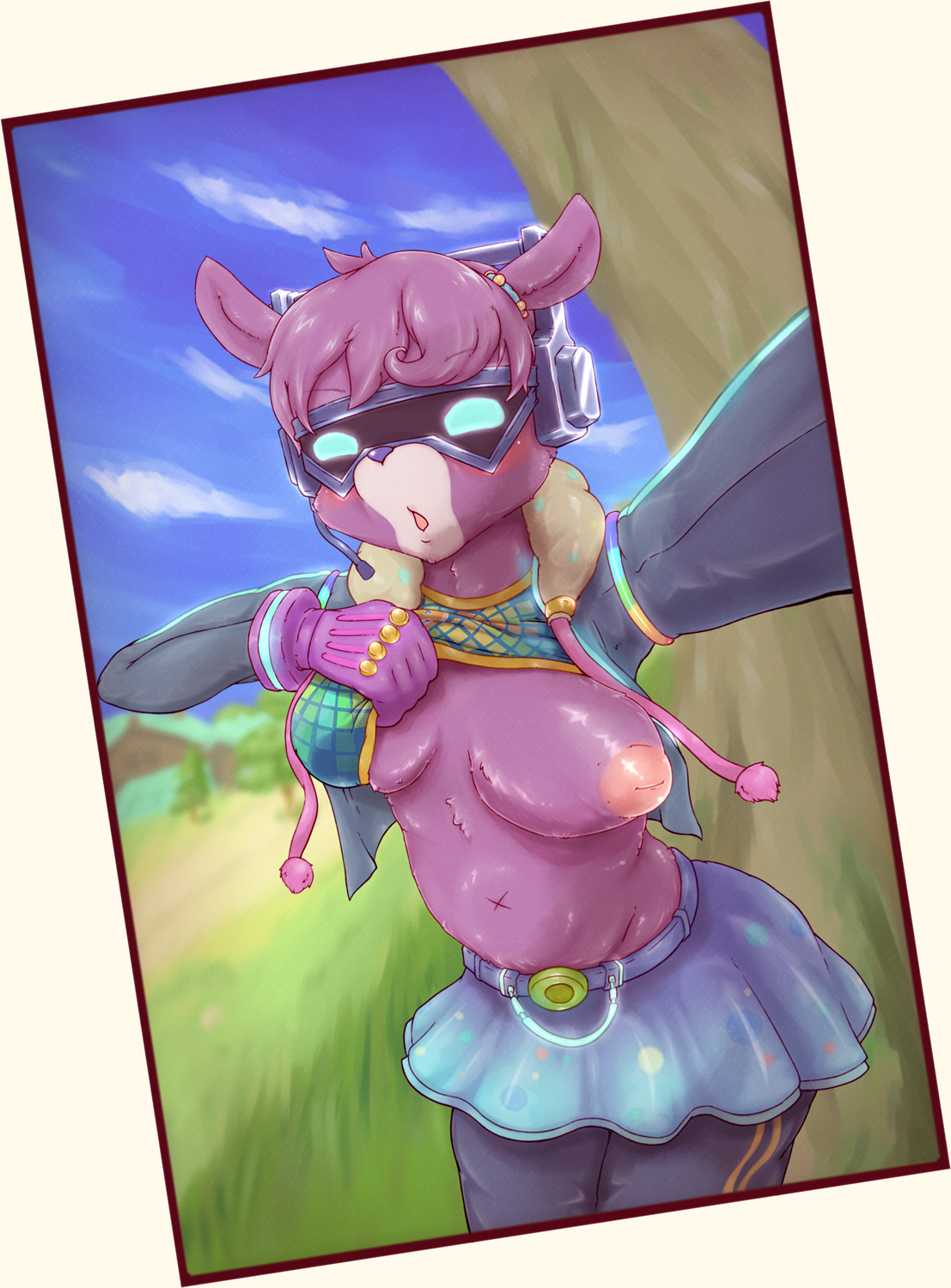 artist request, breasts, breasts out, dj bop, female, fortnite, furry, partially clothed, selfie, skirt, tagme