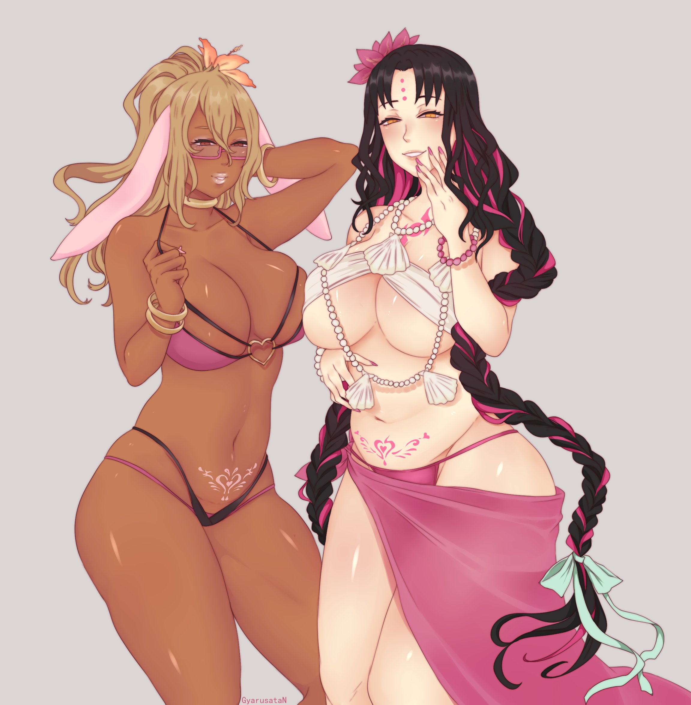 2girls, amber eyes, bead bracelet, bead necklace, bikini, black hair, blonde female, blonde hair, bracelet, braided hair, breasts, bunny ears, cleavage, dark skin, dark-skinned female, eyes half open, fate (series), fate/grand order, female, female only, flower in hair, forehead mark, glasses, grey background, gyarusatan, hair ribbon, light blush, long hair, looking at viewer, neck ring, pink hair, pubic tattoo, seashell, sesshouin kiara, side-tie bikini, simple background, skirt, smile, tattoo, tied hair, two-tone hair, very high resolution, white skin