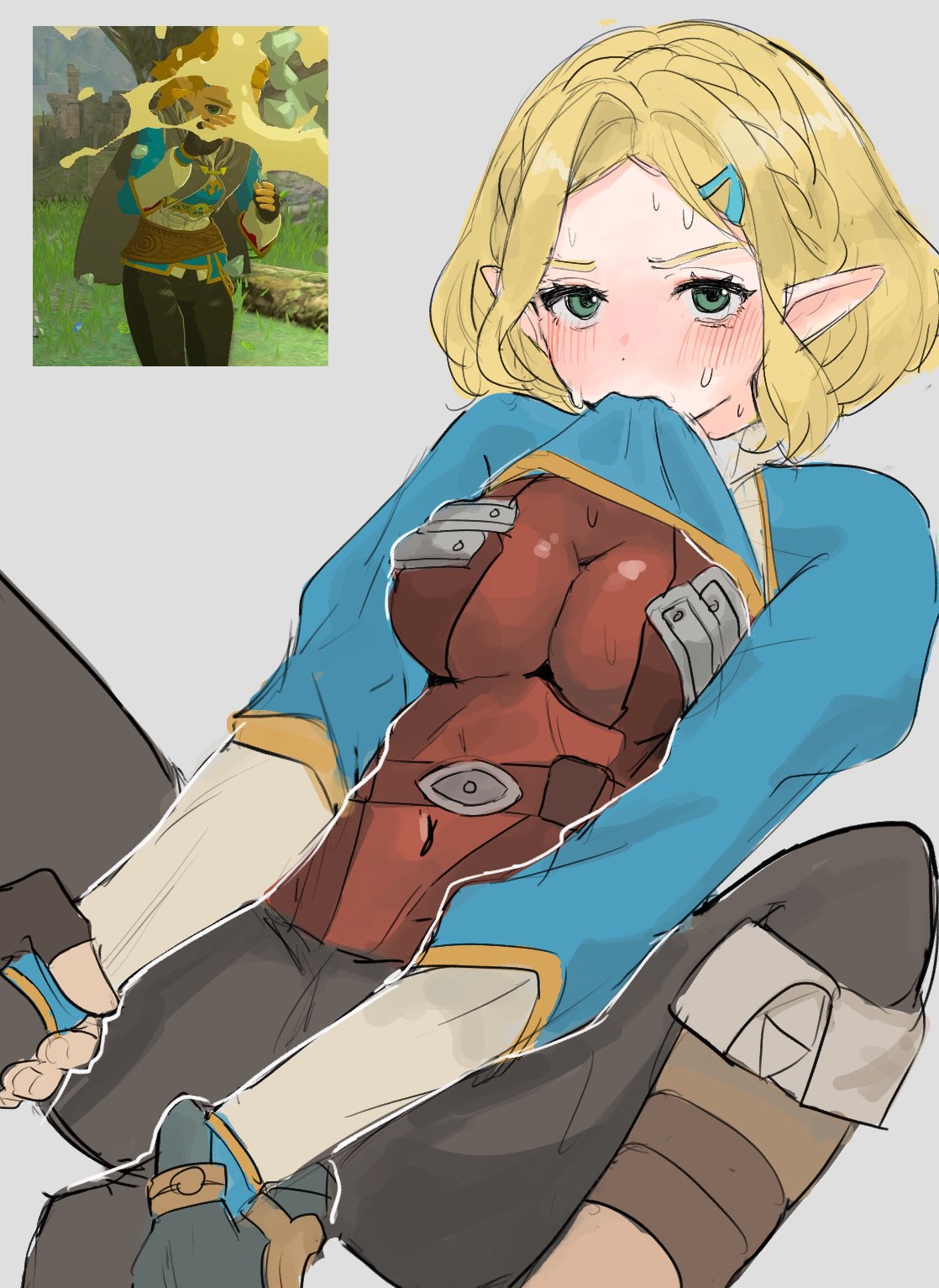 blonde_hair blush disguise elf elf_ears elf_female hatenokatasumi holding_shirt_with_mouth holding_wrists legs_spread miwa princess_zelda sweating tears_of_the_kingdom the_legend_of_zelda yiga_clan yiga_zelda zelda_(tears_of_the_kingdom)