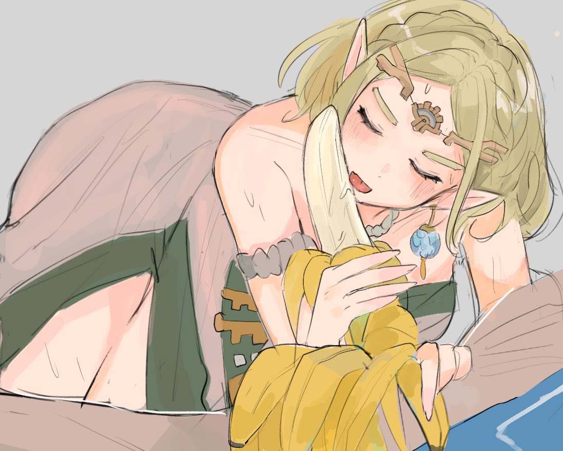 banana blonde_hair blush closed_eyes cute elf elf_ears elf_female hatenokatasumi licking link link_(tears_of_the_kingdom) miwa princess_zelda tears_of_the_kingdom teasing the_legend_of_zelda wide_hips zelda_(tears_of_the_kingdom) zonai_outfit