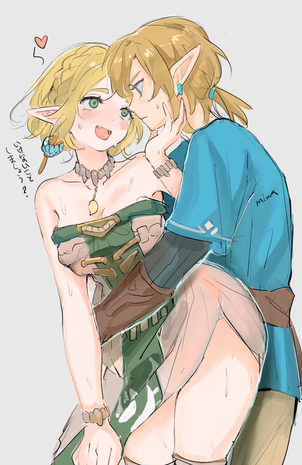 blonde_hair blush elf elf_ears elf_female hand_on_chin hands_around_torso hatenokatasumi heart link link_(tears_of_the_kingdom) miwa princess_zelda puppet_zelda tears_of_the_kingdom the_legend_of_zelda thick_hips translation_request zelda_(tears_of_the_kingdom) zonai_outfit