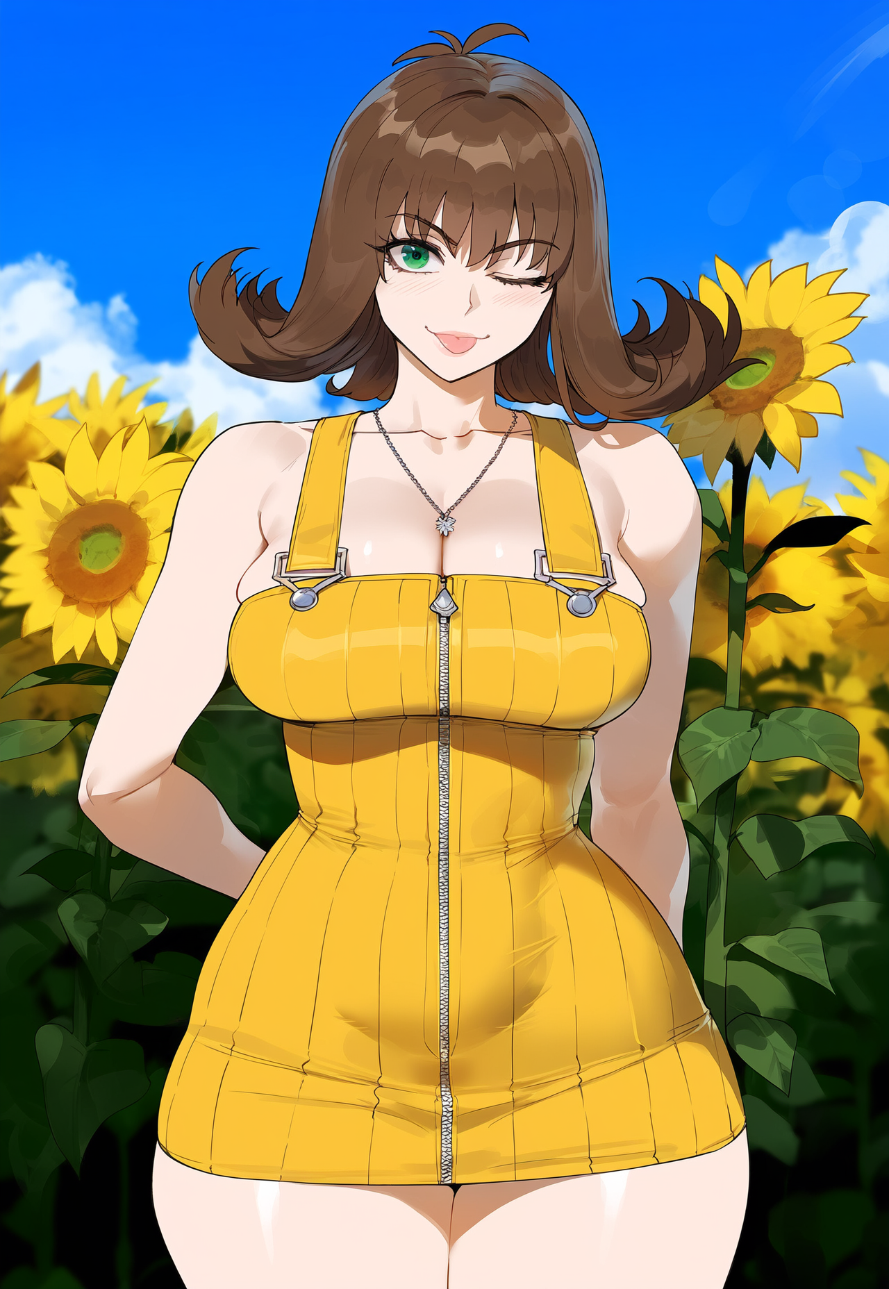 1girls, ai generated, breasts, brown hair, cleavage, creamy ai, curvy, female, final fantasy, green eyes, large breasts, narrow waist, one eye closed, overalls, selphie tilmitt, solo, thick thighs, tongue, tongue out, wide hips