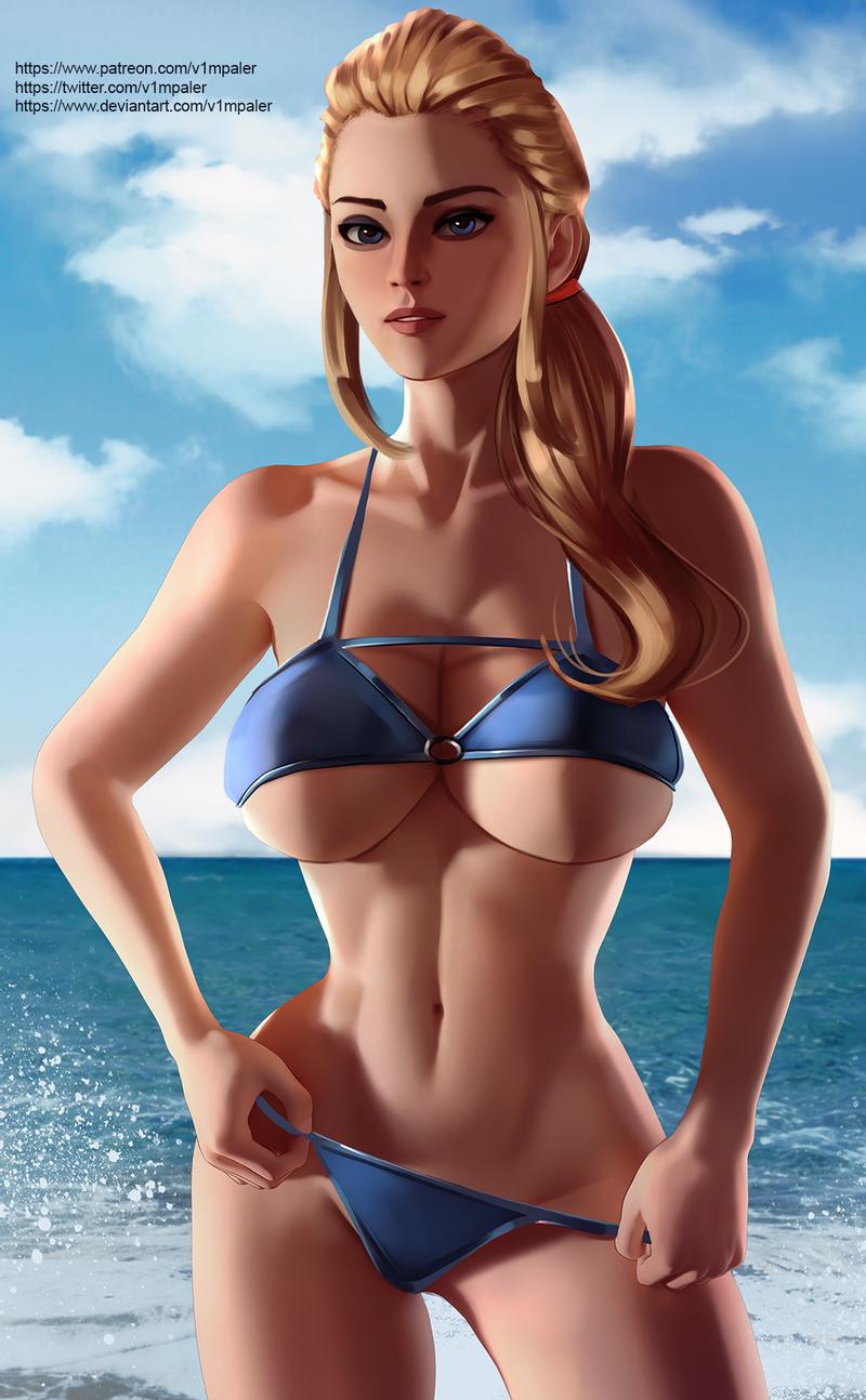 adjusting_swimsuit beach bikini bimbo blonde_hair blue_bikini blue_eyes breasts cleavage large_breasts long_hair metroid muscular nintendo ponytail samus_aran seaside thong underboob v1mpaler voluptuous wide_hips