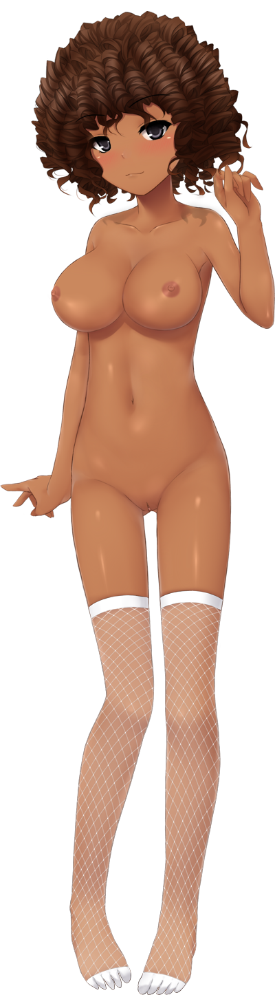 1girls african_female afro big_breasts black_eyes blushing_at_viewer brown_hair huniepop innie_belly_button lola_rembrite white_fishnets