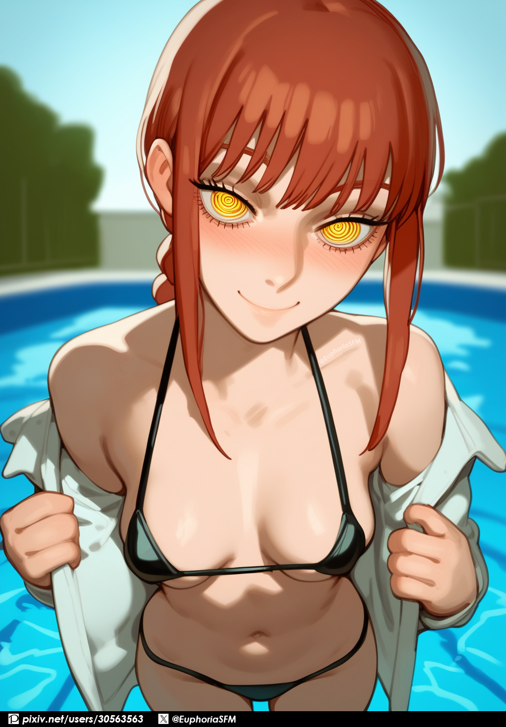 1girls ai_generated bangs bikini black_bikini blush blushed breasts chainsaw_man cleavage eyes long_hair makima_(chainsaw_man) micro_bikini outdoors ponytail pool pov red_hair smiling smiling_at_viewer t-shirt thats_euphoria tummy undressing white_skinned_female yellow_eyes