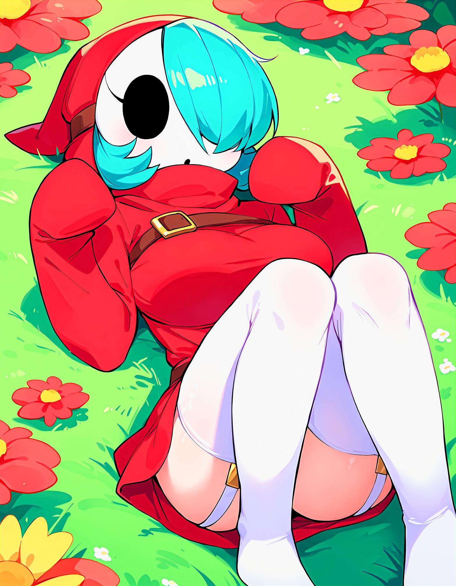 1girls, ai generated, big breasts, breasts, female, female only, grass, looking at viewer, mario (series), mask, pyororingen, red clothing, shy gal, thighhighs