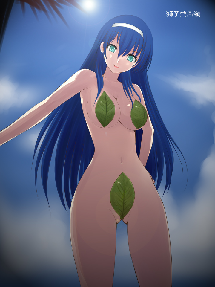 1girls blue_hair breasts completely_nude covered_crotch covered_nipples female female_focus female_only fig_leaf hair_band leaf leaf_on_breast leaf_on_crotch long_hair looking_down mostly_nude niwatori_kokezou shishidou_takane sky smiling sora_wo_kakeru_shoujo