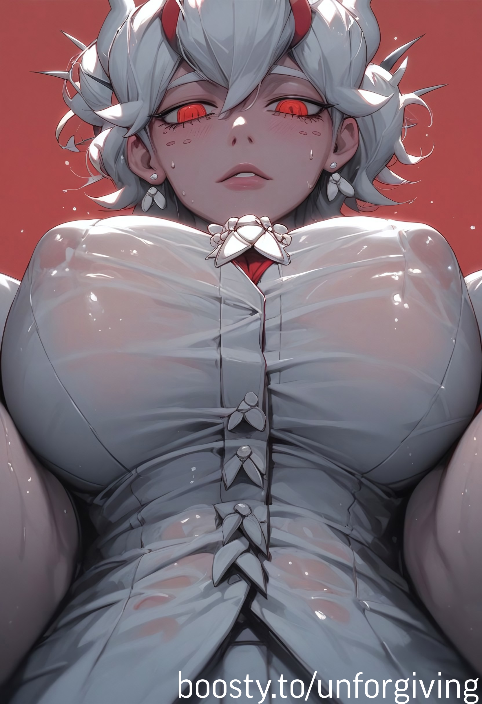 ai generated, beelzebub (helltaker), belly, breasts, covered nipples, demon, female, helltaker, large breasts, nipples visible through clothing, red eyes, shirt, short hair, unforgiving, wet, wet clothes, white