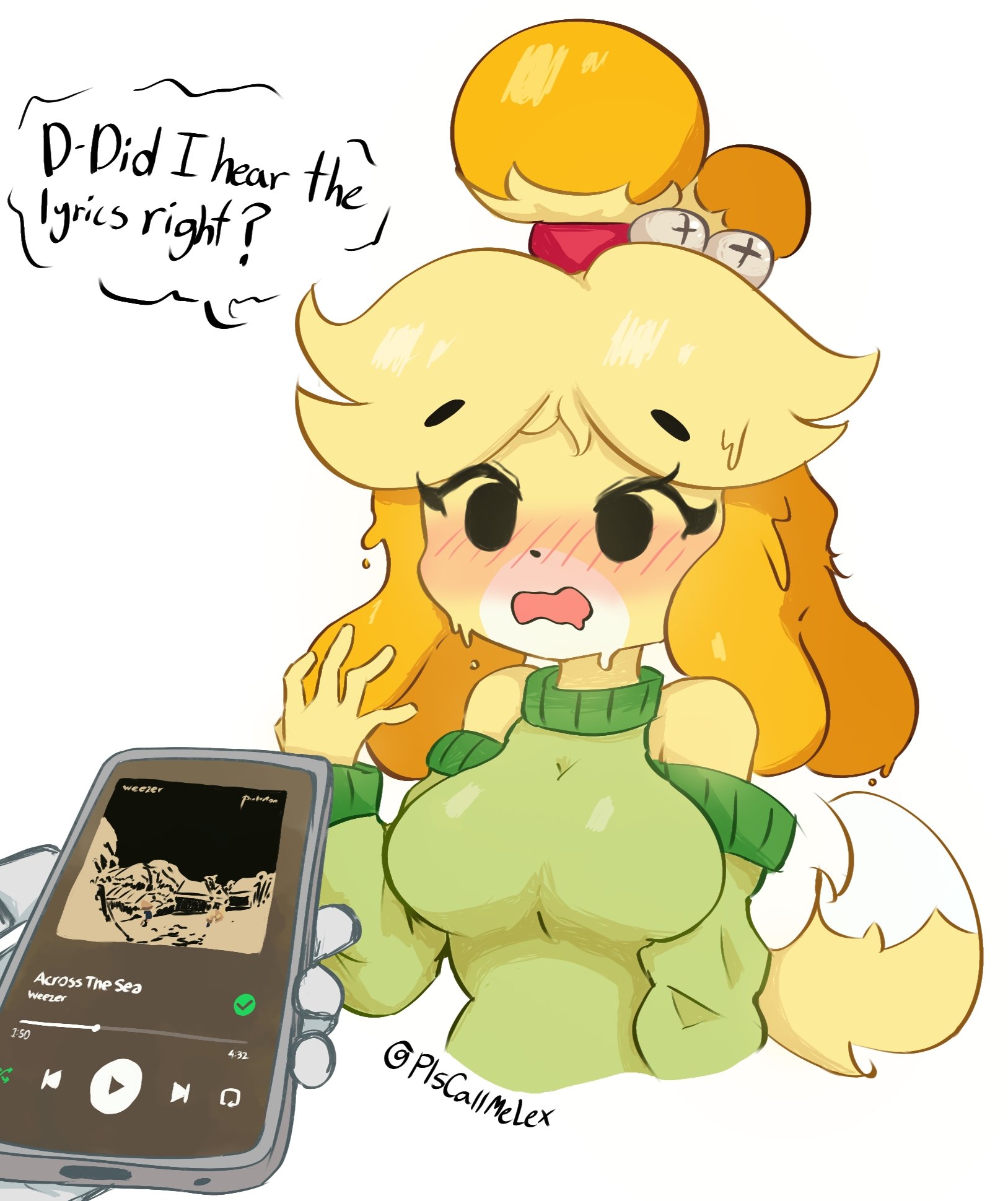 animal crossing, animal humanoid, anthro, blush, breasts, canid, canine, cleavage, clothed, clothing, female, female only, fur, furry, isabelle (animal crossing), nintendo, plscallmelex, sweat, tail