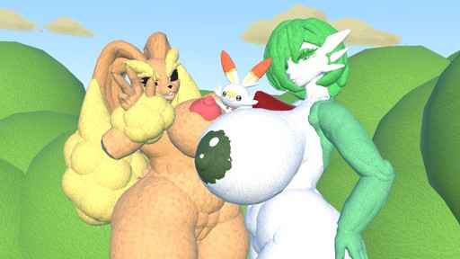 1boy 2girls 2girls1boy 3d artist_request big_breasts gardevoir huge_breasts lopunny lowres pokemon pokemon_(species) rec_room scorbunny source_request