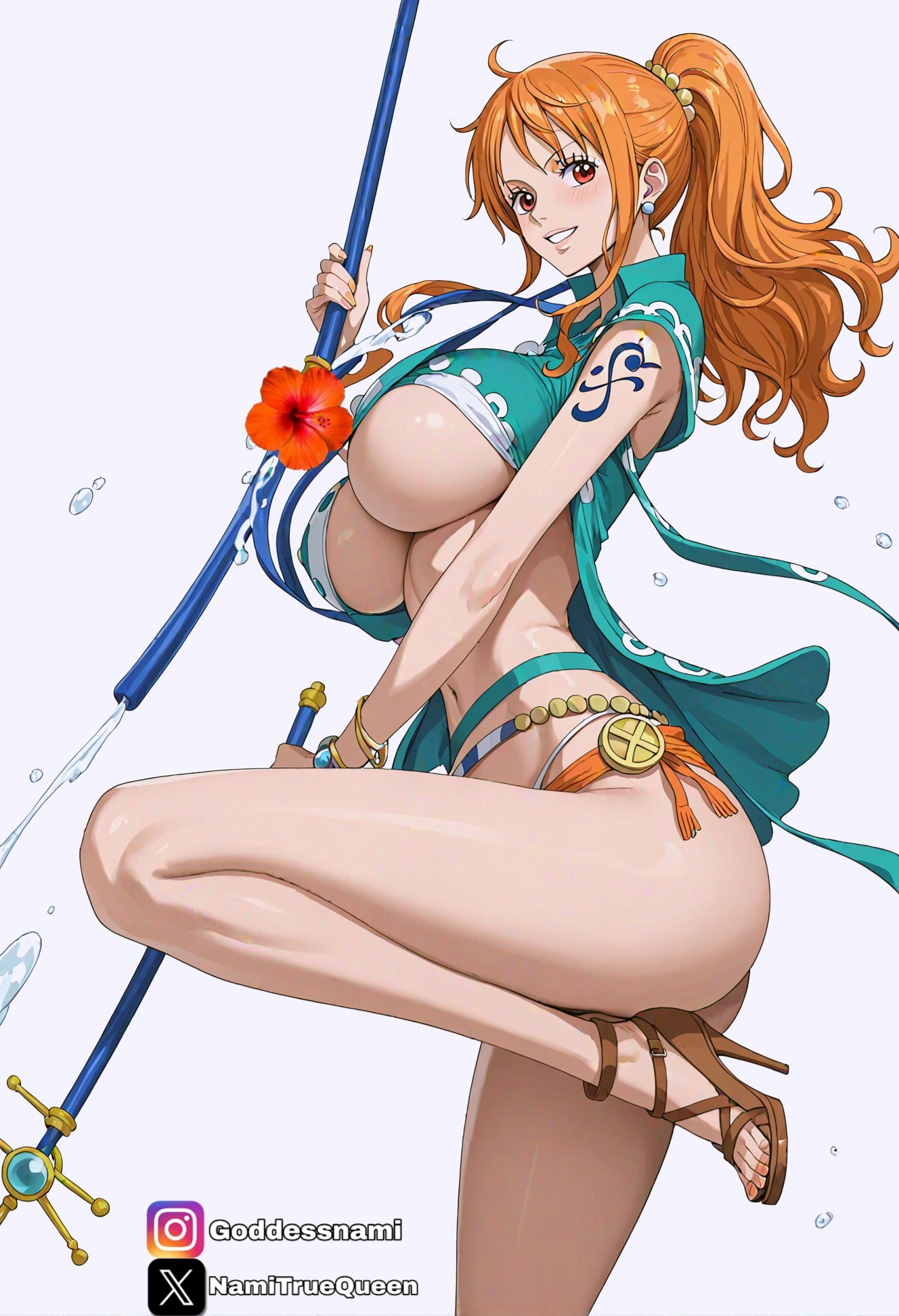 ai_generated blush blushing_at_viewer breasts busty busty_female earings earrings female female_only goddessoflunami high_heels hips large_breasts long_hair looking_at_viewer nami nami_(one_piece) navel no_background one_leg_up one_piece pose posing seductive seductive_body seductive_pose smile smiling_at_viewer solo solo_female solo_focus standing tagme tagme_(artist) tattoo tied_hair tights underboob young