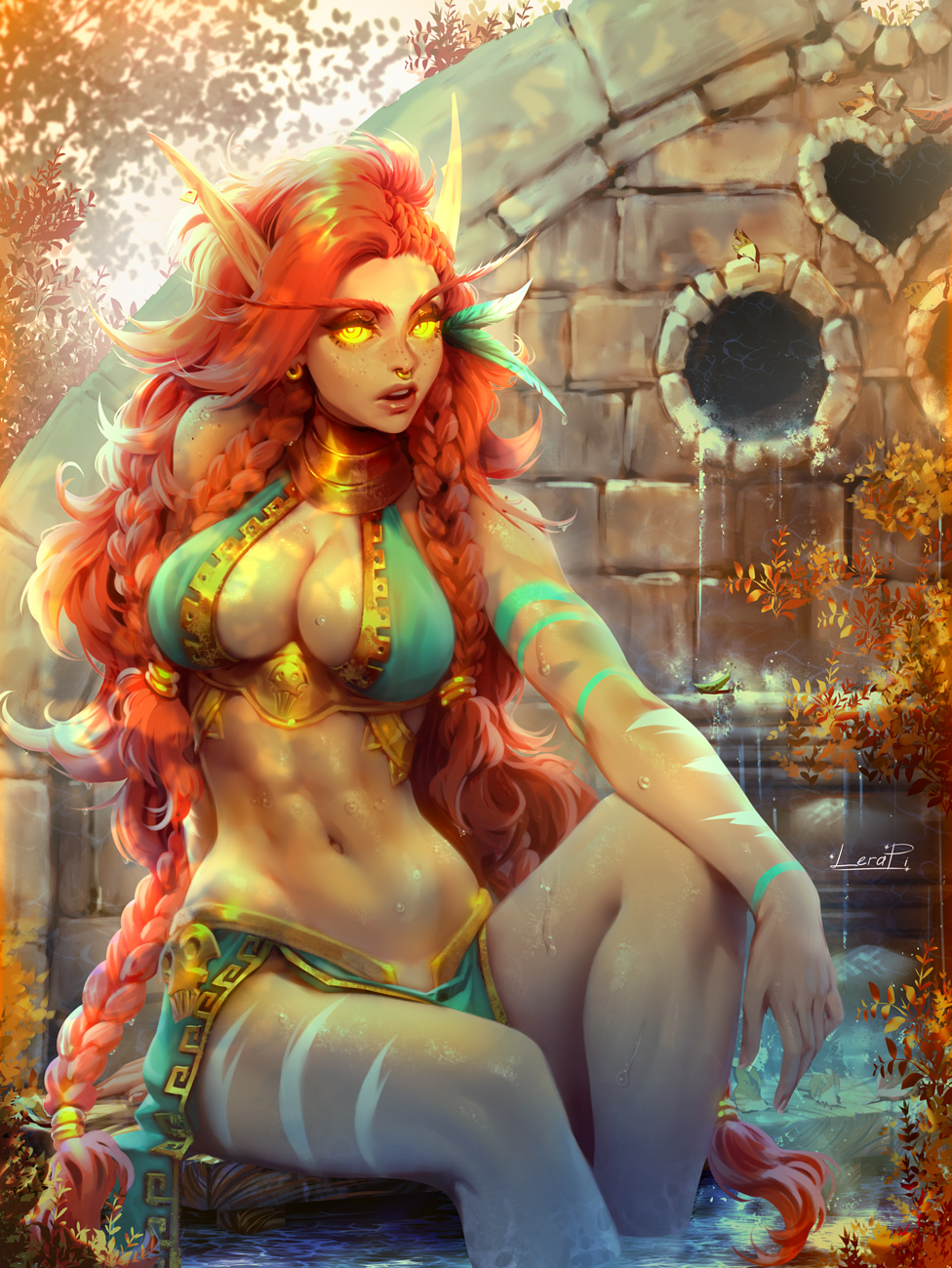 1girls, abs, aleriia v, big breasts, blizzard entertainment, blood elf, bodypaint, breasts, cleavage, earrings, elf, elf female, fantasy, female, female only, fit, fit female, glowing eyes, hair braid, kizandi, large breasts, lerapi, long hair, nose ring, red hair, redhead, solo, solo female, warcraft, world of warcraft
