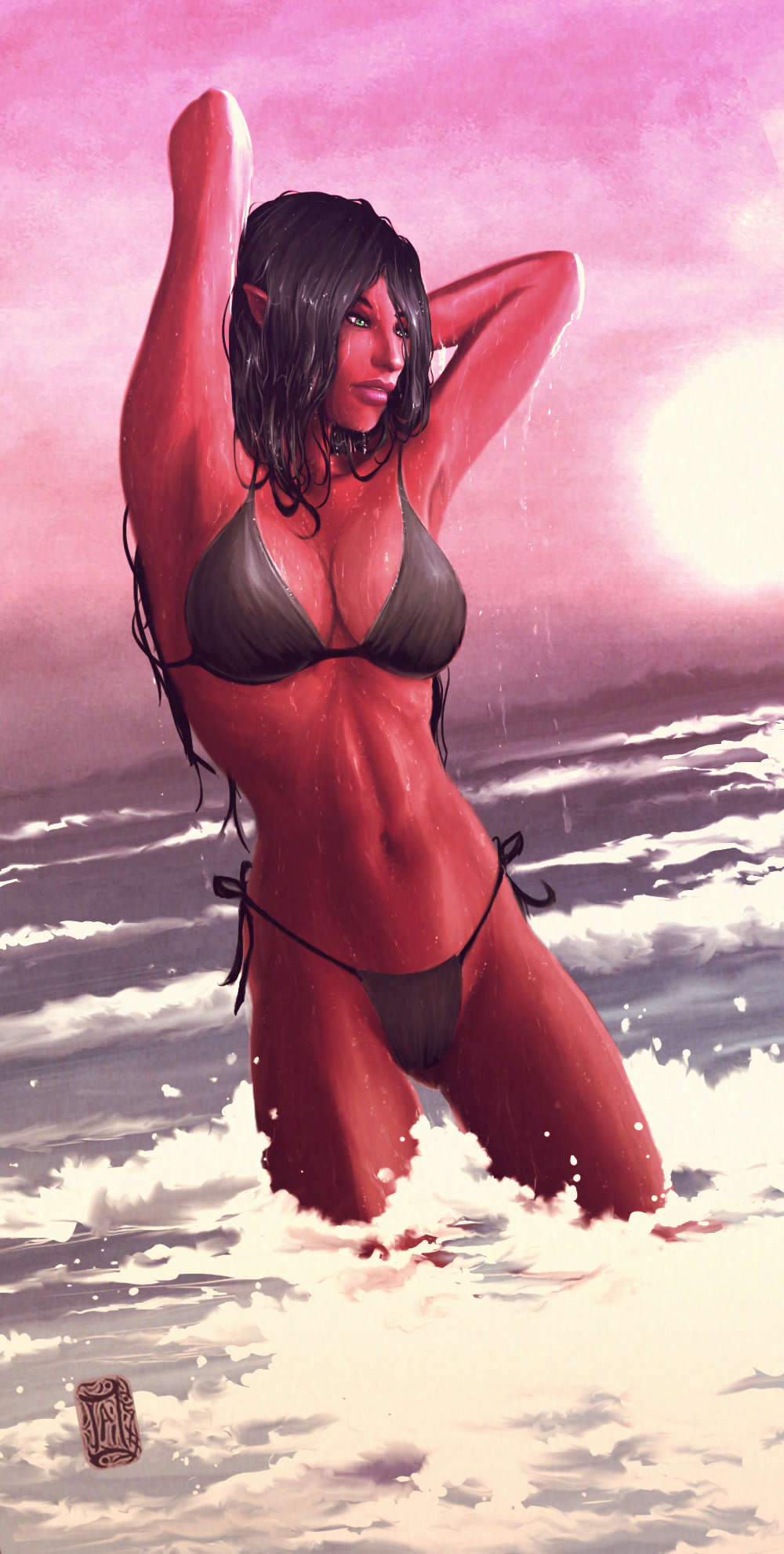 1girls abs aikurisu alien alien_girl beach belly black_bikini black_hair blue_eyes cleavage female female_only hands_behind_head large_breasts navel ocean original_character pink_skin red_skin seaside solo star_wars wet wet_hair wet_skin zeltron