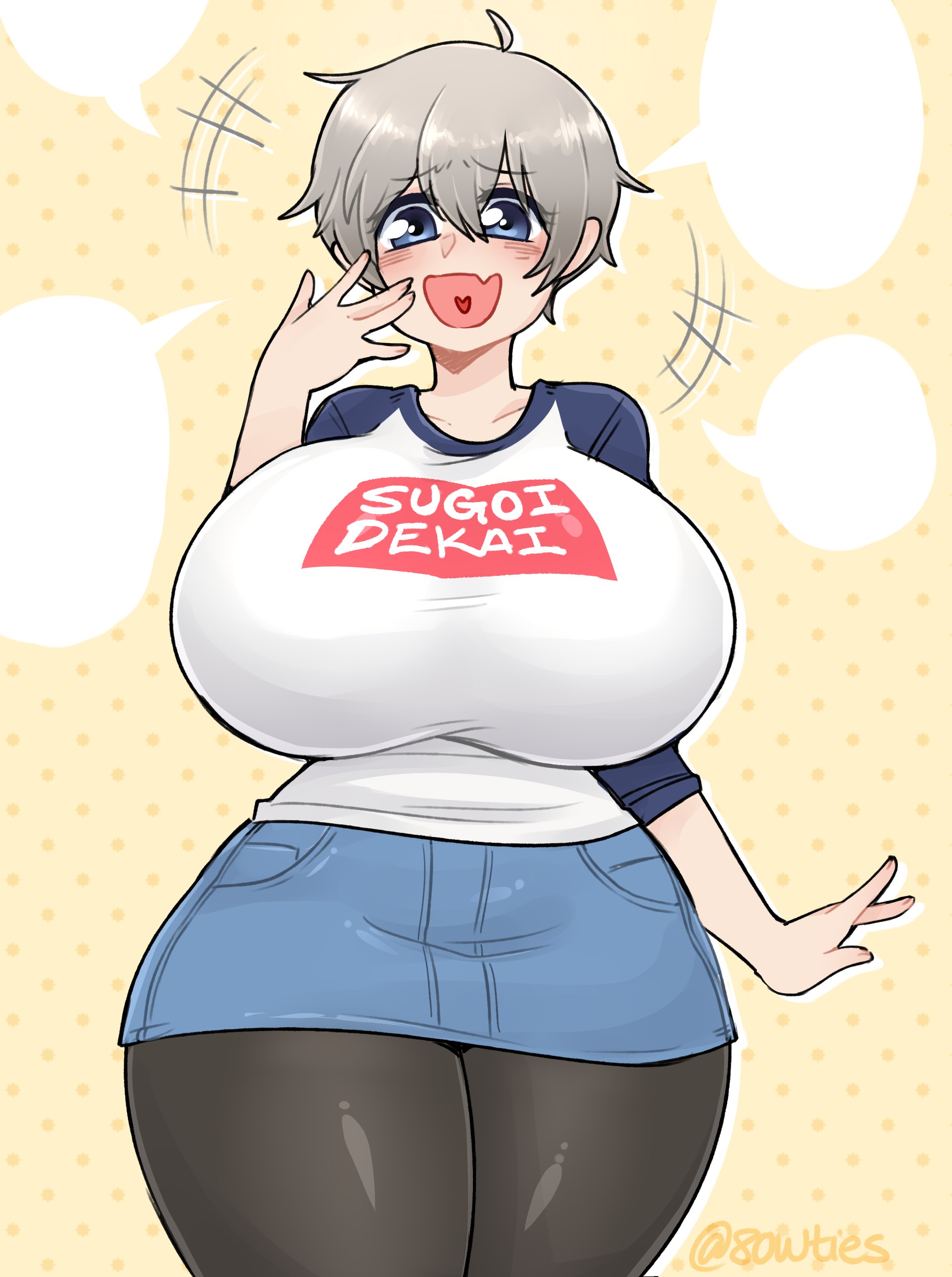 1girls, 8owties, big breasts, black leggings, blue eyes, blush, breasts, female, grey hair, huge breasts, large breasts, leggings, light skin, light-skinned female, pale skin, pale-skinned female, short hair, thick thighs, thighs, uzaki hana, uzaki-chan wa asobitai!, wide hips