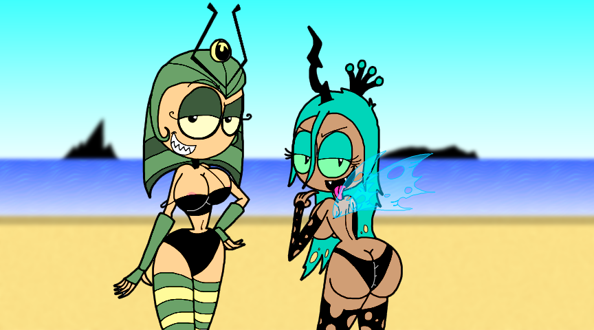 2girls ass big_ass big_breasts big_butt bikini black_bikini bottom_heavy breasts bubble_butt dark-skinned_female dark_skin female female_only friendship_is_magic green_eyes hand_on_hip horn humanized light-skinned_female light_green_eyes light_skin looking_at_viewer looking_back montatora-501 my_life_as_a_teenage_robot my_little_pony my_little_pony_friendship_is_magic omegusmaximus queen_chrysalis_(mlp) raised_eyebrow sharp_teeth smooth_skin strap_slip thigh_highs thighhighs thighs tongue tongue_out turquoise_hair vexus winged_humanoid wings