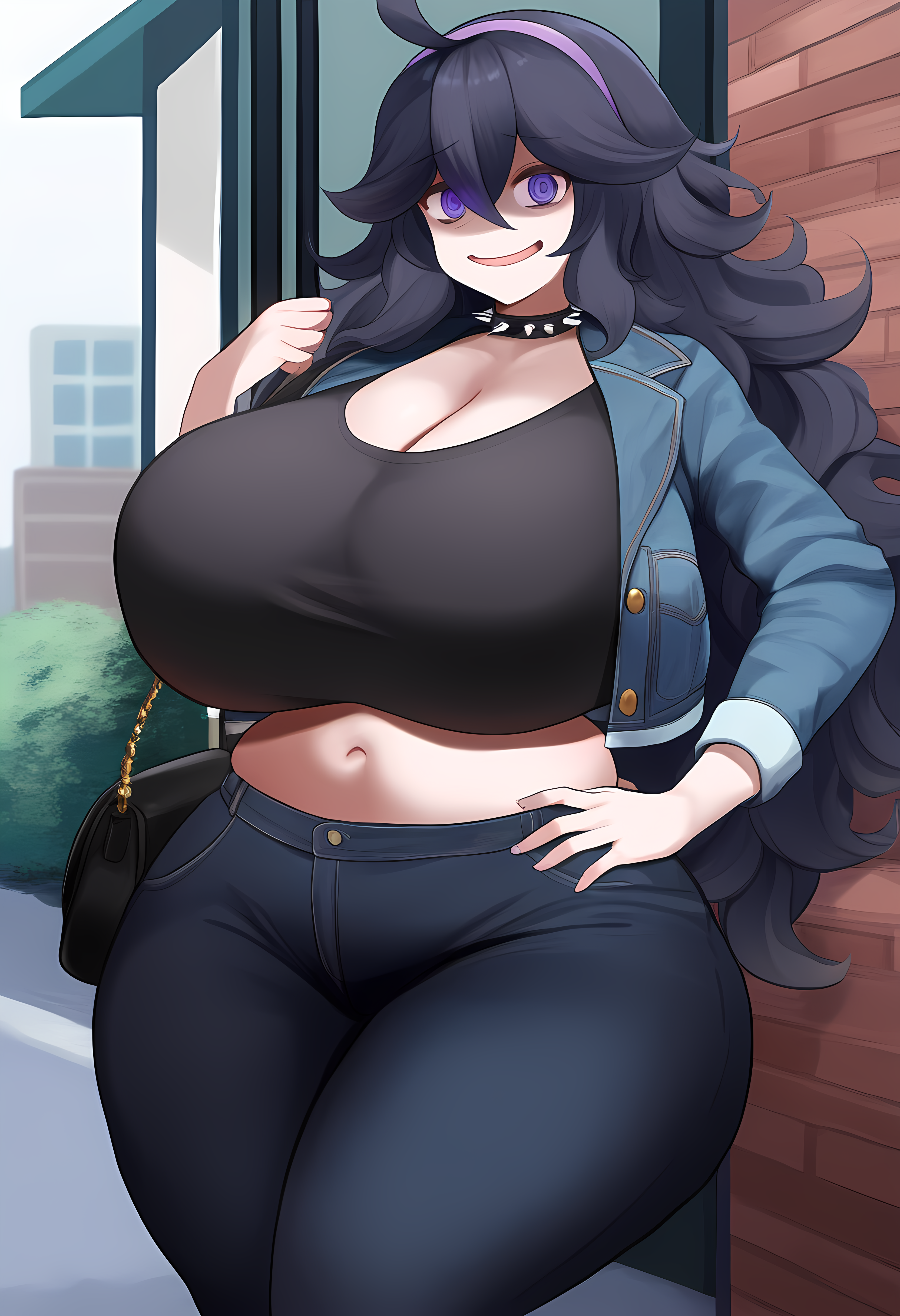 ai generated, ass, breasts, choker, female, hex maniac, huge ass, huge breasts, jeans, large ass, large breasts, lubbasdump, pokemon, purse, wide hips