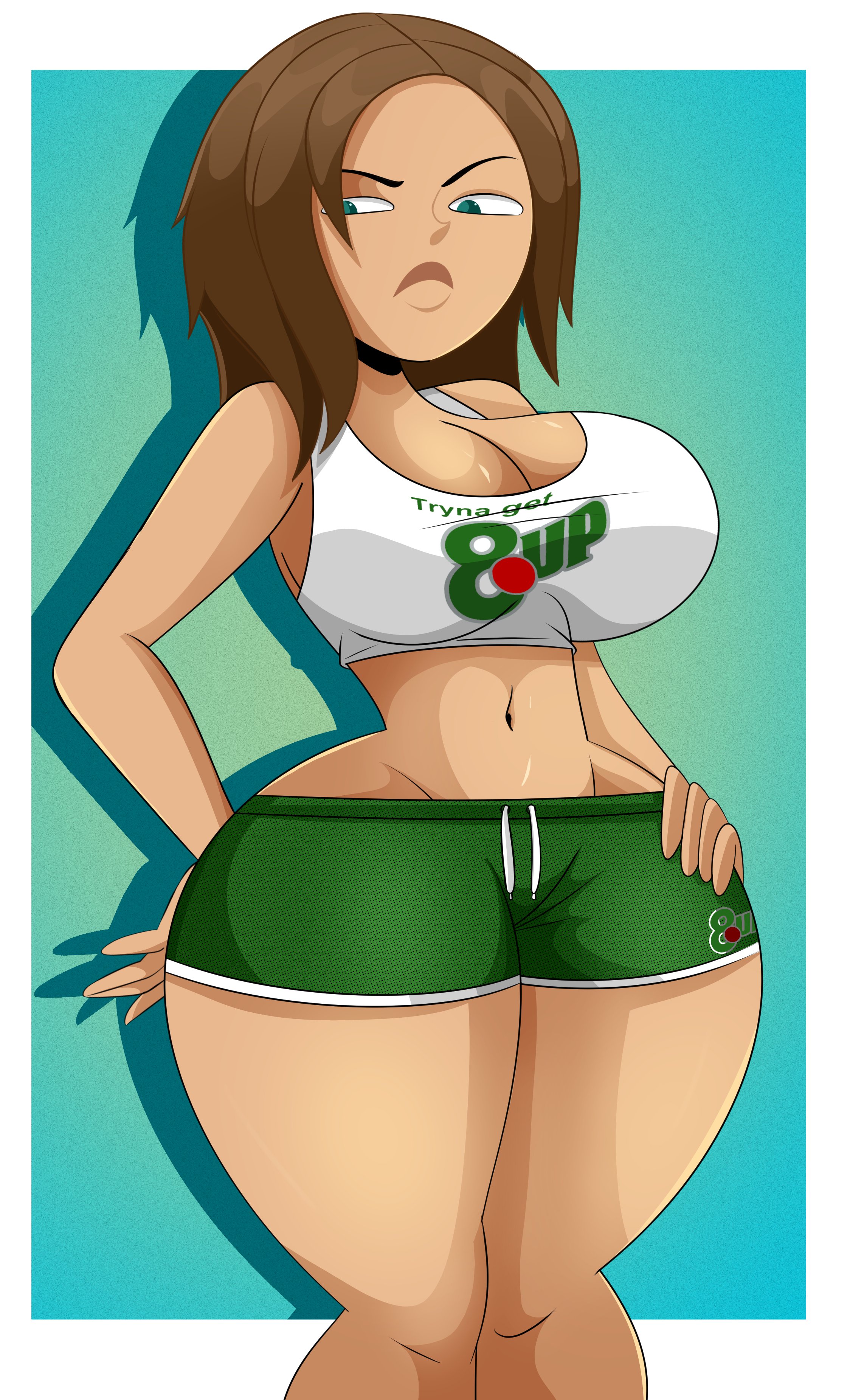 belly, belly button, big breasts, bonnie rockwaller, breasts, brown hair, censored, cleavage, clothed female, disney, disney channel, female, female focus, female only, figure, green eyes, gym shorts, kim possible, large breasts, shorts, solo, solo female, solo focus, sonson-sensei, teenager, thick thighs, wide hips