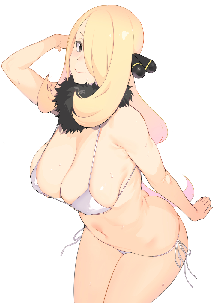 1girls, big breasts, blonde hair, breasts, cynthia (pokemon), eye contact, female, fur collar, grey eyes, iku (ikuchan kaoru), light skin, light-skinned female, long hair, looking at viewer, micro bikini, nintendo, pale skin, pale-skinned female, pokemon, pokemon dppt, sweat, white background