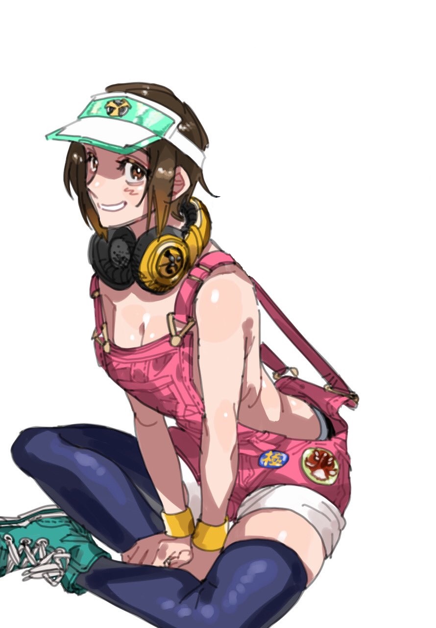 1girls bending_forward bent_forward big_breasts breasts cleavage clothed female hat headphones king_of_fighters legs legwear light-skinned_female light_skin long_socks looking_at_viewer no_bra overall_shorts overalls pink_clothing pressing_breasts_together shoes short_hair sitting smile smiling_at_viewer snk_heroines:_tag_team_frenzy suspenders tied_hair yuri_sakazaki