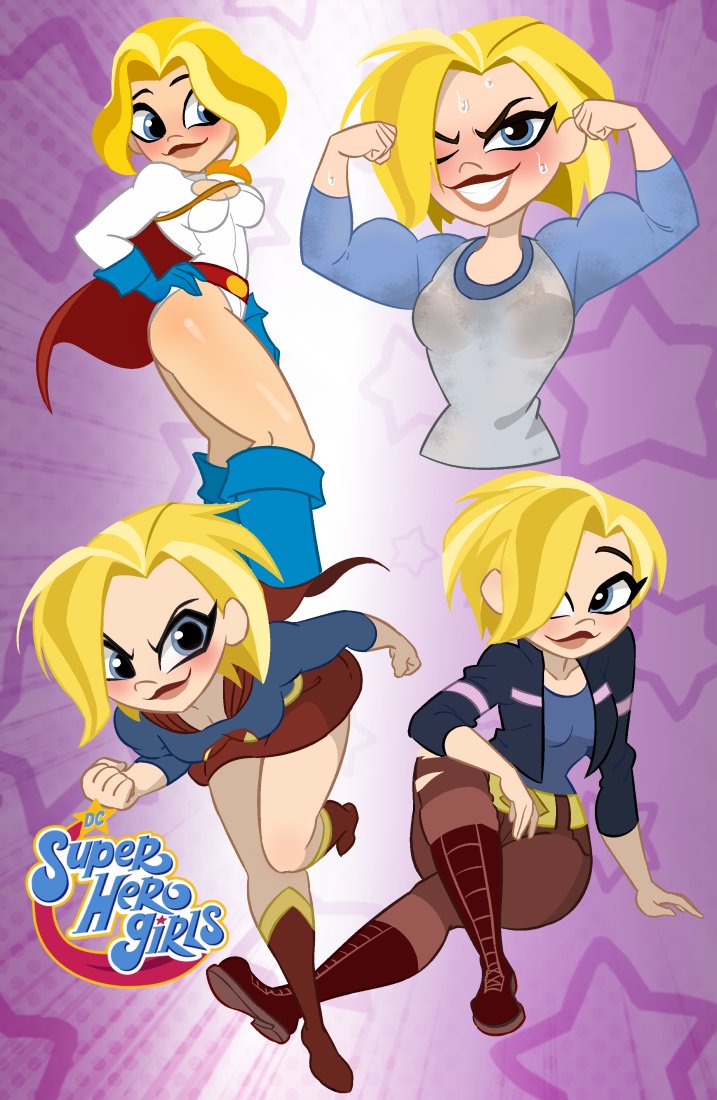 1girls, blonde hair, blue eyes, blush, bob cut, bra, bra visible through clothes, cape, centinel303, cleavage, cleavage cutout, copyright name, dc, dc comics, dc super hero girls, female, kara danvers, kara zor-el, muscular, muscular female, power girl, red cape, see-through, see-through clothing, short hair, skirt, smug, supergirl, superheroine, superman (series), sweat, sweaty, text, thick thighs, wide hips, wink