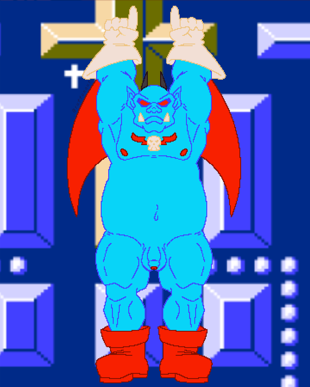 balls blue_body blue_skin boots clothed clothed/nude clothing demon devil_(devil_world) devil_world digital_media_(artwork) fangs footwear genitals gesture gloves hand_gesture handwear hi_res horn humanoid male moobs nintendo nipples not_furry nude nude_male overweight overweight_male penis pointing pointing_up red_eyes red_wings ruffonaut_(artist) shoes simple_background slightly_chubby small_penis solo teeth thick_thighs wings