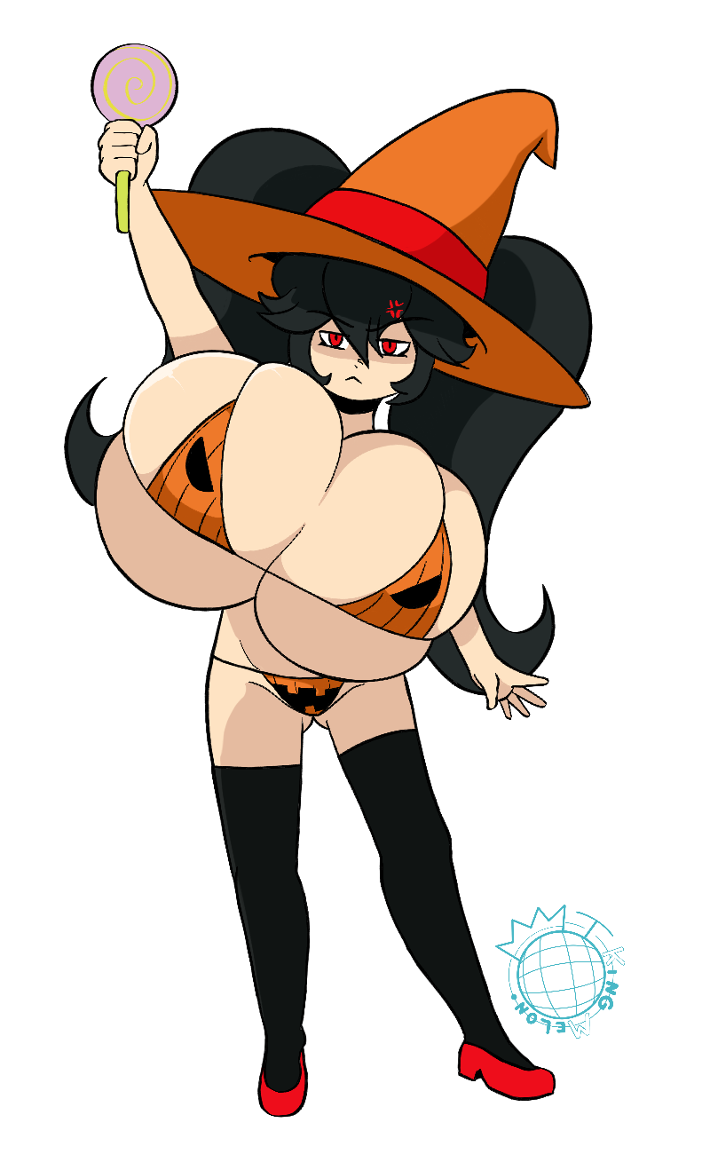 1girls alternate_breast_size alternate_costume anger_vein annoyed annoyed_expression ashley_(warioware) barely_contained_breasts bikini black_hair black_thighhighs breast_expansion breasts bursting_breasts disdain frown halloween halloween_costume huge_breasts jack-o'-lantern kingmelon lollipop long_hair narrowed_eyes one_arm_up pale_skin posing posing_for_the_viewer pumpkin_bikini red_eyes red_shoes shaded_face skindentation small_but_busty thighhighs tight_clothing twintails warioware witch_hat