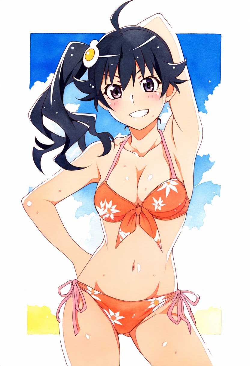 ahoge ai_assisted ai_generated araragi_karen arm_behind_back armpits bare_arms bare_belly bare_legs bare_shoulders bare_thighs beach belly_button bikini black_hair blush breasts cleavage collarbone hair_ornament jei_games long_hair medium_breasts monogatari_(series) orange_bikini outdoors parted_lips pointy_chin purple_eyes side-tie_bikini_bottom side_ponytail smile standing thighs