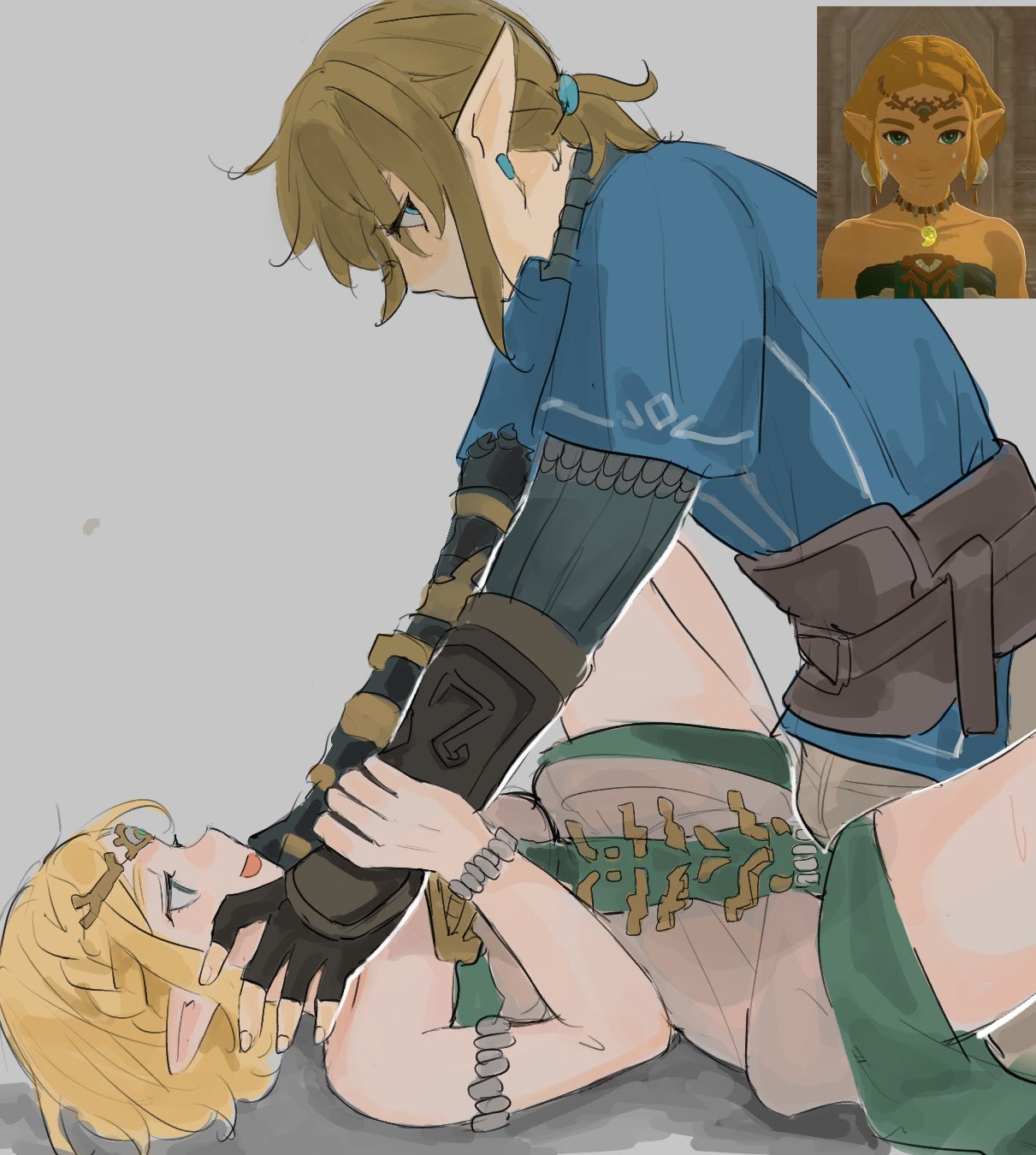 blonde_hair blush boner_in_pants bulge elf elf_ears elf_female hatenokatasumi imminent_sex legs_apart legs_spread link link_(tears_of_the_kingdom) miwa princess_zelda puppet_zelda tears_of_the_kingdom the_legend_of_zelda zelda_(tears_of_the_kingdom)