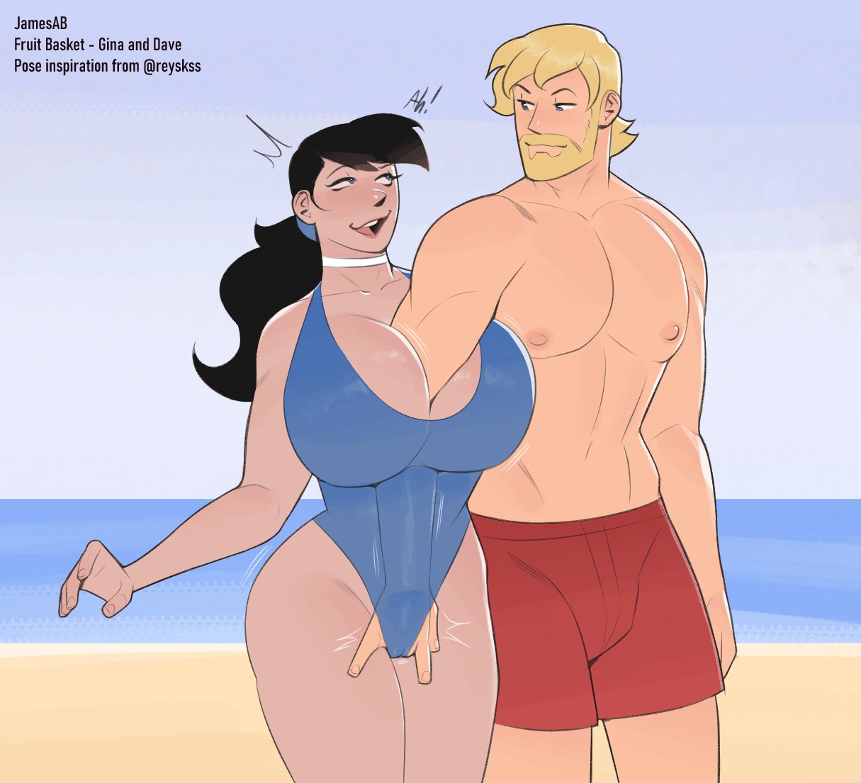 1boy 1girls artist_name beach beard blonde_hair choker dave_wilson_(jamesab) female fingering fingering_under_clothes gina_wilson_(jamesab) jamesab muscular_male one-piece_swimsuit ponytail swimsuit tagme taller_male thick_thighs twitter_link white_choker