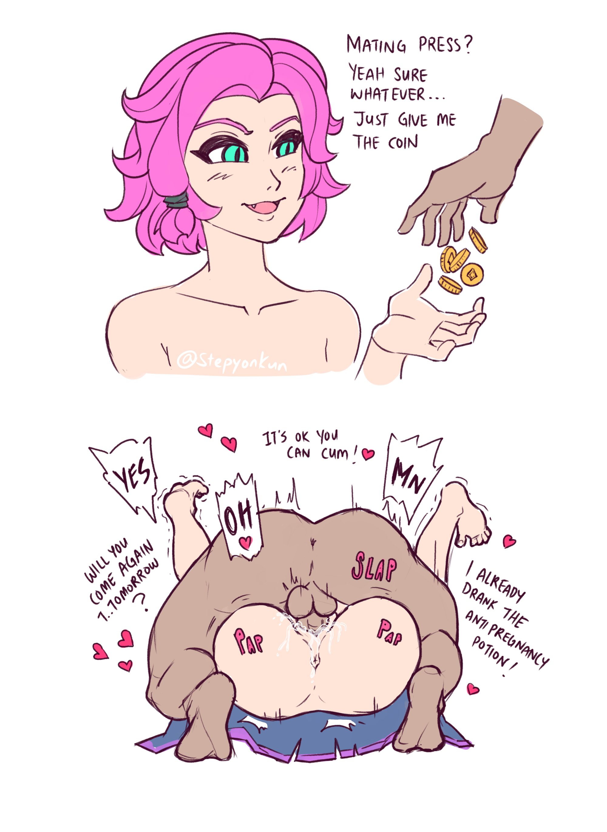1boy, 1girls, ass, backsack, balls, ballsack, blue eyes, cat girl, dark skin, dark-skinned male, female, light skin, light-skinned female, maeve (paladins), male, mating press, paladins, penetration, pink hair, pussy, stepyon, straight, vaginal penetration