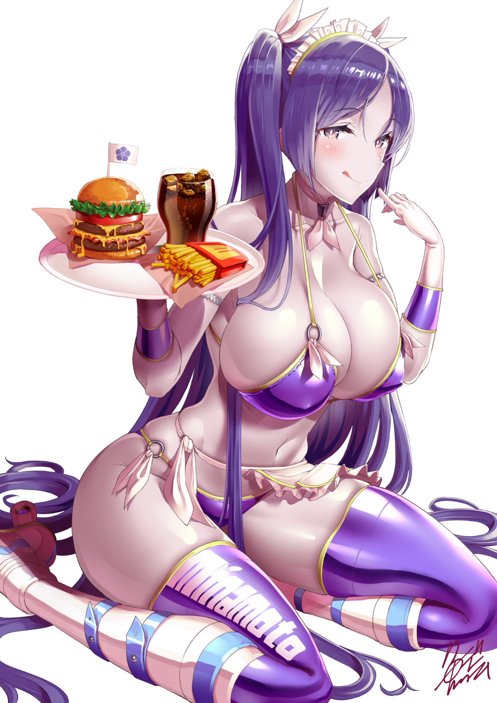 alternate costume, alternate hairstyle, big breasts, bikini, breasts, fate (series), fate/grand order, female, holding object, huge breasts, licking lips, light skin, light-skinned female, looking at viewer, minamoto no raikou (fate/grand order), pale skin, pale-skinned female, purple hair, thick thighs, thighhighs, twintails, uo denim