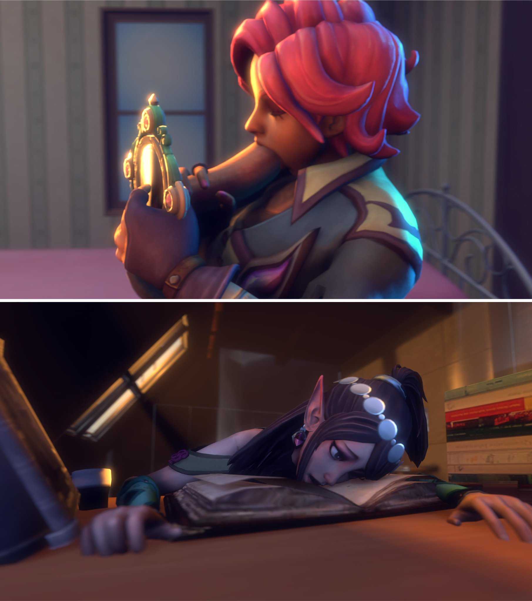 1futa, 1girls, 3d, blowjob, cat girl, derringersfm, elf, erection, female, futa on female, futanari, intersex, large penis, light skin, light-skinned female, light-skinned futa, maeve (paladins), neko, paladins, penis, pink hair, portal, portal sex, tight throat, ying (paladins)