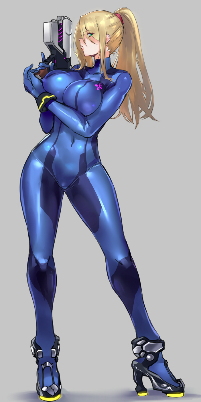 1girls, big breasts, blonde hair, breasts, color, female, firearm, footwear, green eyes, grey background, gun, handgun, heels, human, metroid, negresco, nintendo, pale skin, ponytail, samus aran, solo, thighs, weapon, wristwear, zero suit, zero suit samus