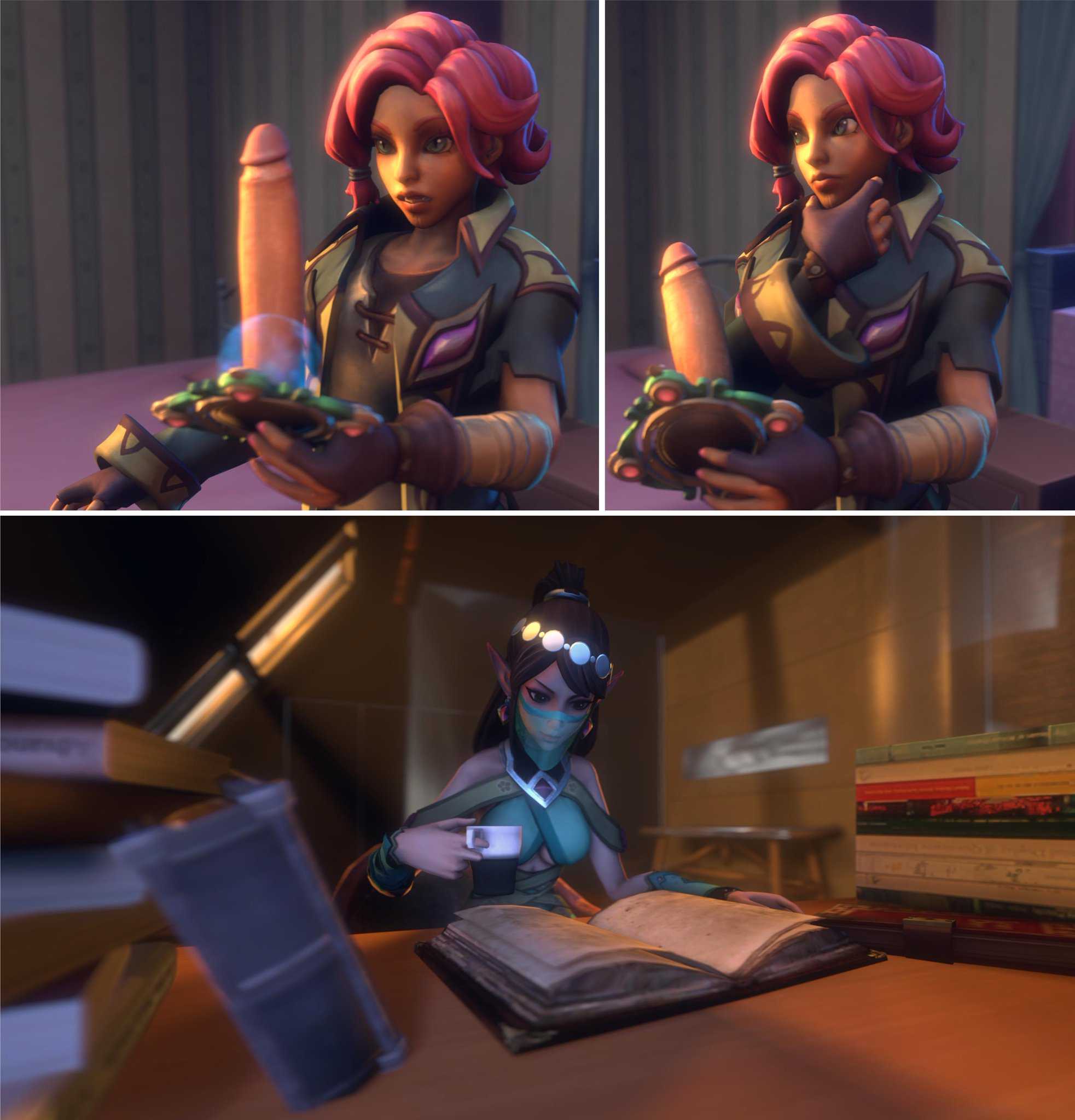 1futa, 1girls, 3d, cat eyes, cat girl, catgirl, clothed, clothed female, dark skin, dark-skinned female, derringersfm, elf, female, futa on female, futanari, imminent oral, intersex, large penis, light skin, light-skinned female, maeve (paladins), paladins, penis, pink hair, portal, portal sex, ying (paladins)