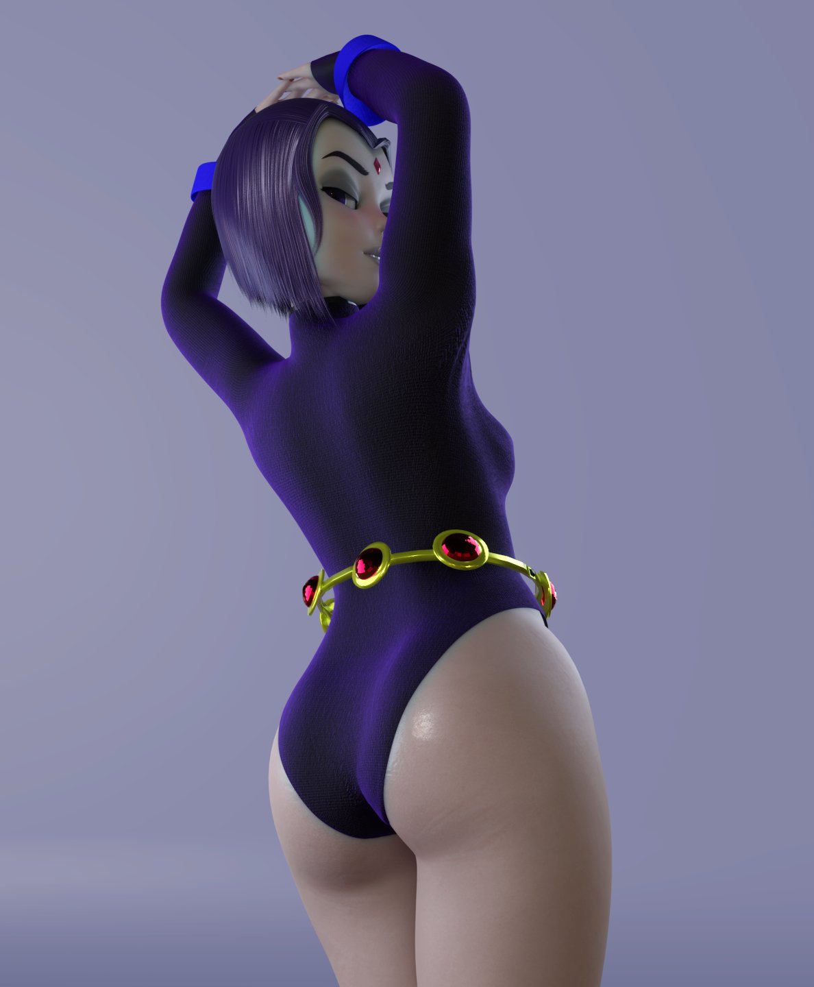 1girls, 3d, athletic, athletic female, belt, blender (software), breasts, clothing, dc, dc comics, demon, demon girl, eyelashes, female, female focus, female only, fit, fit female, french nails, grey body, grey skin, grey-skinned female, hair, half demon, hourglass figure, human, humanoid, large breasts, legs, leotard, light skin, light-skinned female, lips, pale skin, pale-skinned female, purple eyes, purple hair, raven (dc), short hair, smitty34, solo, sorceress, superhero, superheroine, teen titans, thick thighs, thighs, upper body, voluptuous, wide hips, wristwear