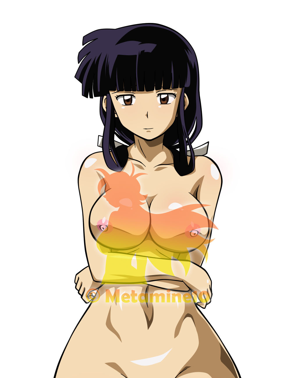 1girls arms_crossed big_breasts black_hair brown_eyes female female_only grin inuyasha kikyo_(inuyasha) metamine10 nipples ribbon tagme watermark