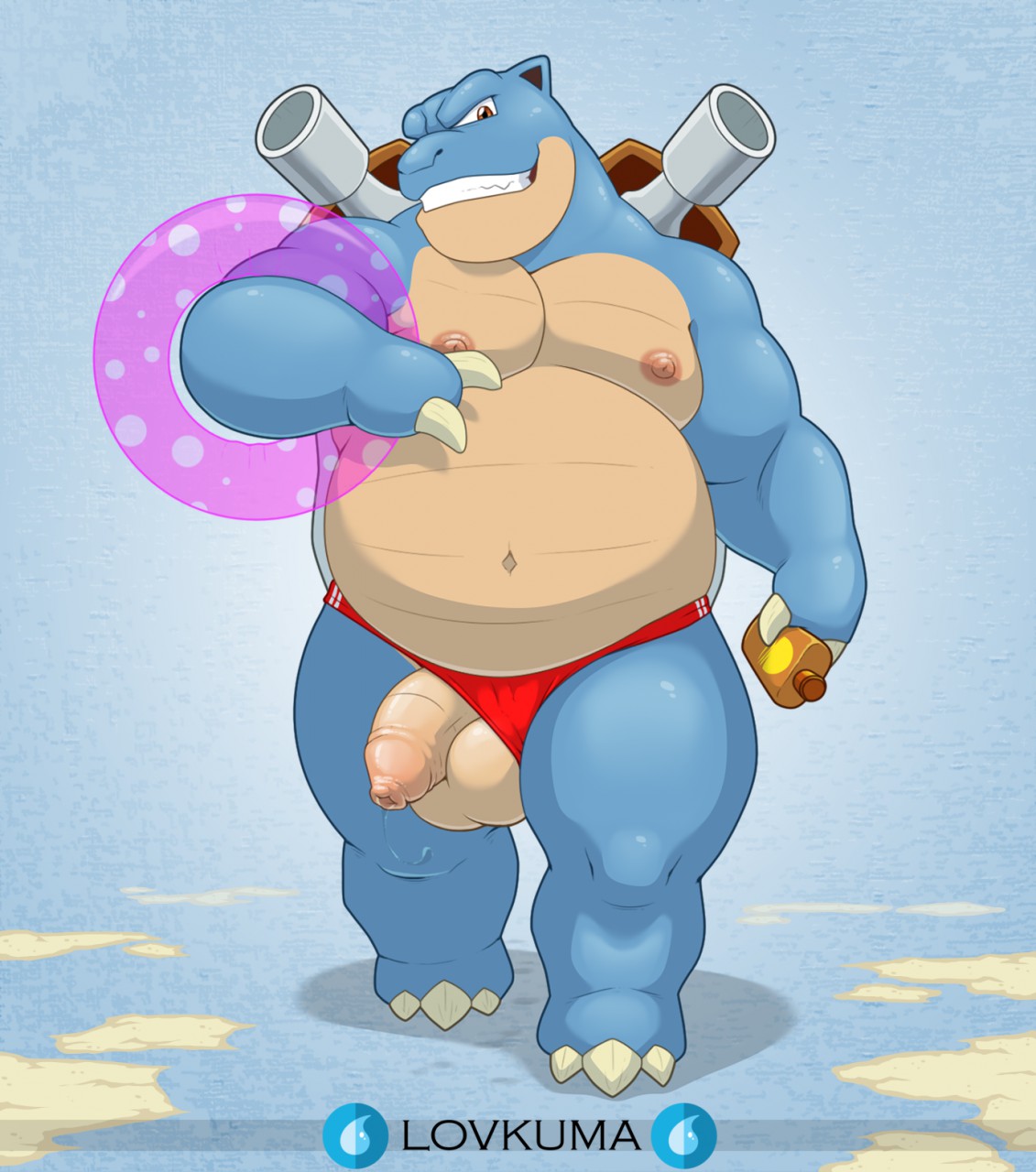 anthro balls blastoise clothing dick_slip genitals hi_res inner_tube lovkuma male male_only nintendo penis pokémon_(species) pokemon solo solo_male speedo swimwear video_games