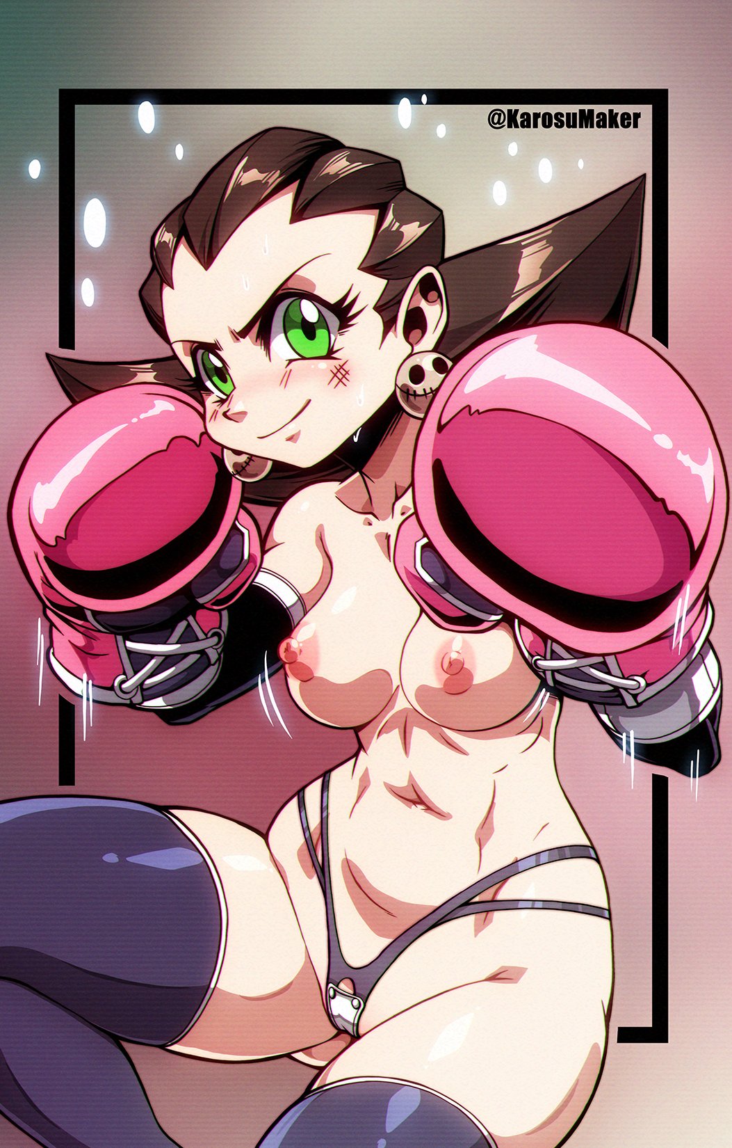 1girls boxing boxing_gloves breasts brown_hair capcom earrings female female_only gloves green_eyes karosu-maker legwear light-skinned_female light_skin looking_at_viewer mega_man mega_man_legends nipples pink_boxing_gloves pink_gloves shoulder_length_hair smile solo stockings thick thick_hips thick_thighs thighhighs tron_bonne wide_hips