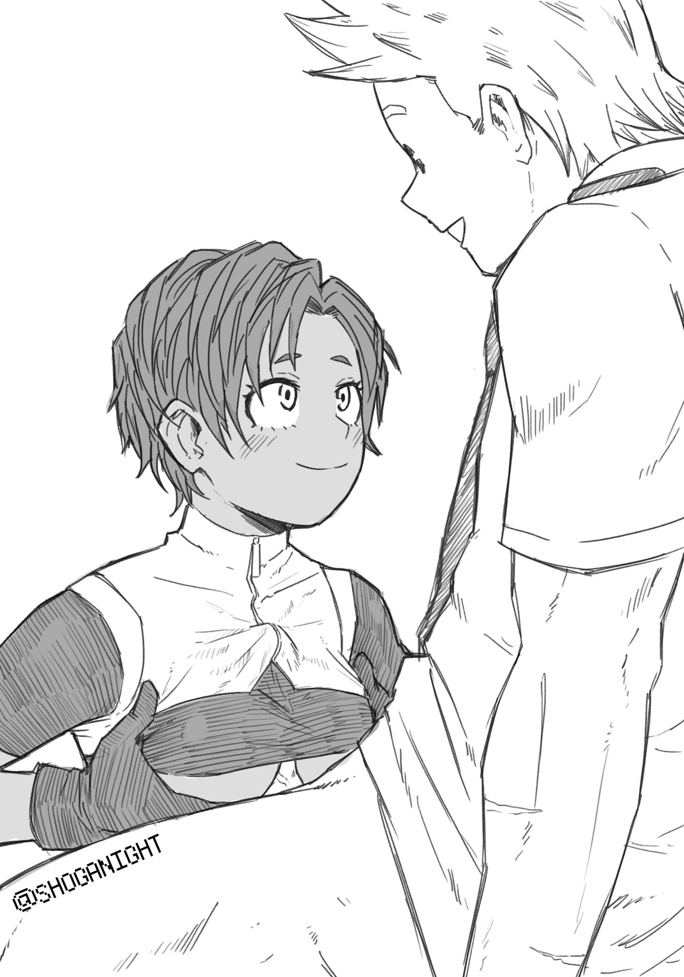 1boy, 1girls, awata kaoruko, blush, boku no hero academia, breasts, bubble girl, eye contact, female, gloves, hero outfit (mha), kaoruko awata, looking at another, looking at partner, looking up, male, mirio togata, monochrome, my hero academia, paizuri, paizuri under clothes, shoganight, short hair, smile, straight, togata mirio, u.a. school uniform