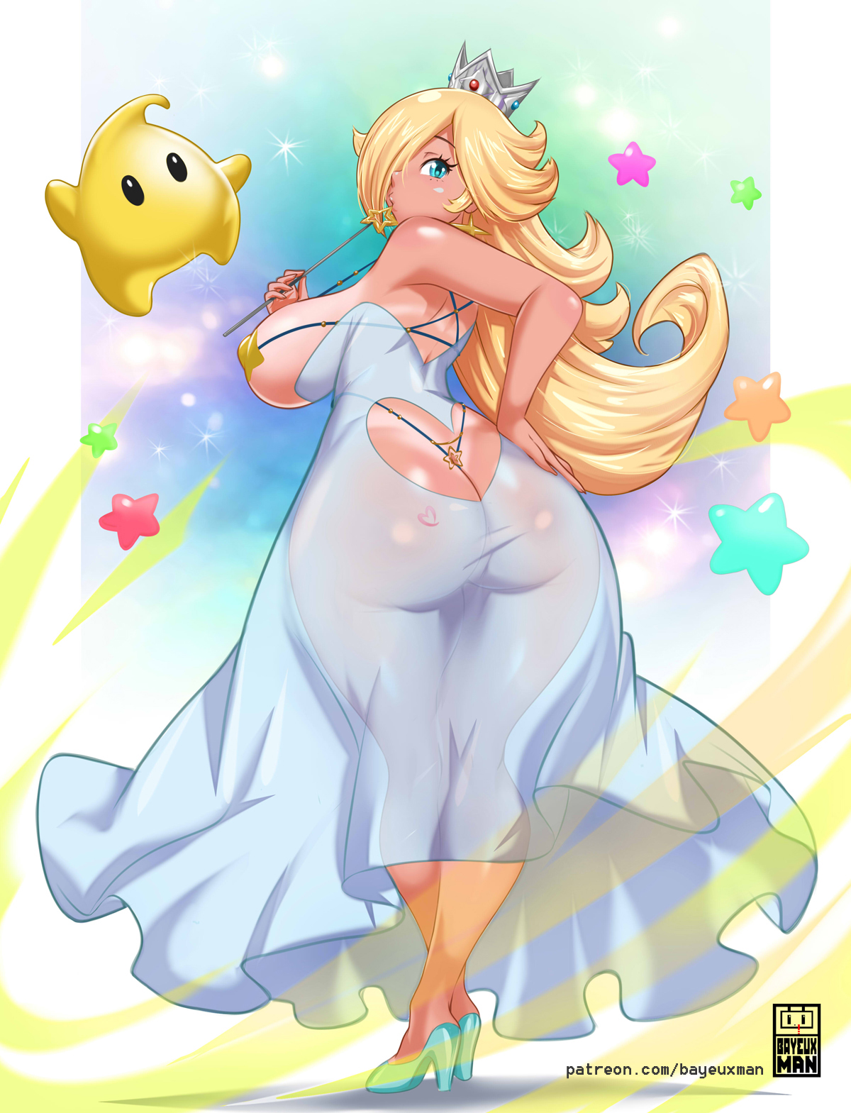 1girls, ass, ass cleavage, ass crack, bayeuxman, big ass, big breasts, bimbo, blonde hair, blue eyes, bottom heavy, breasts, butt crack, dress, female, high heels, huge ass, large ass, large breasts, long hair, luma, mario (series), nintendo, patreon username, princess rosalina, see-through, see-through clothing, shoes, super mario galaxy, tan skin, tan-skinned female, tanline, text, thick ass, transparent clothing, watermark