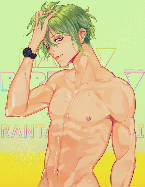 ahoge danganronpa danganronpa_v3 fully_nude green_eyes green_hair looking_at_viewer male male_only muscular naked naked_male nipples nude nude_male pierced_nipples piercing piercings rantaro_amami short_hair smile smooth_skin standing stroking_hair