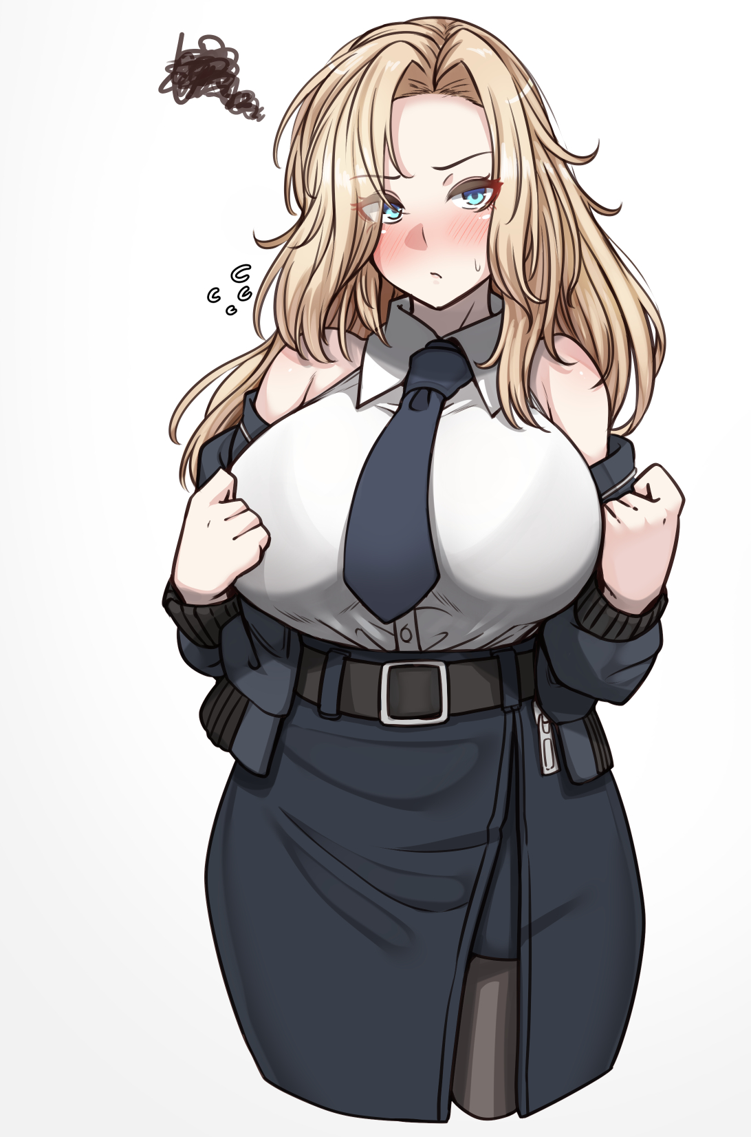 anger cloud, big breasts, blonde hair, blue eyes, blush, breasts, clothed, clothing, female, female only, hornet (kantai collection), huge breasts, kantai collection, large breasts, ryuun (stiil), solo, solo female, tie, white background