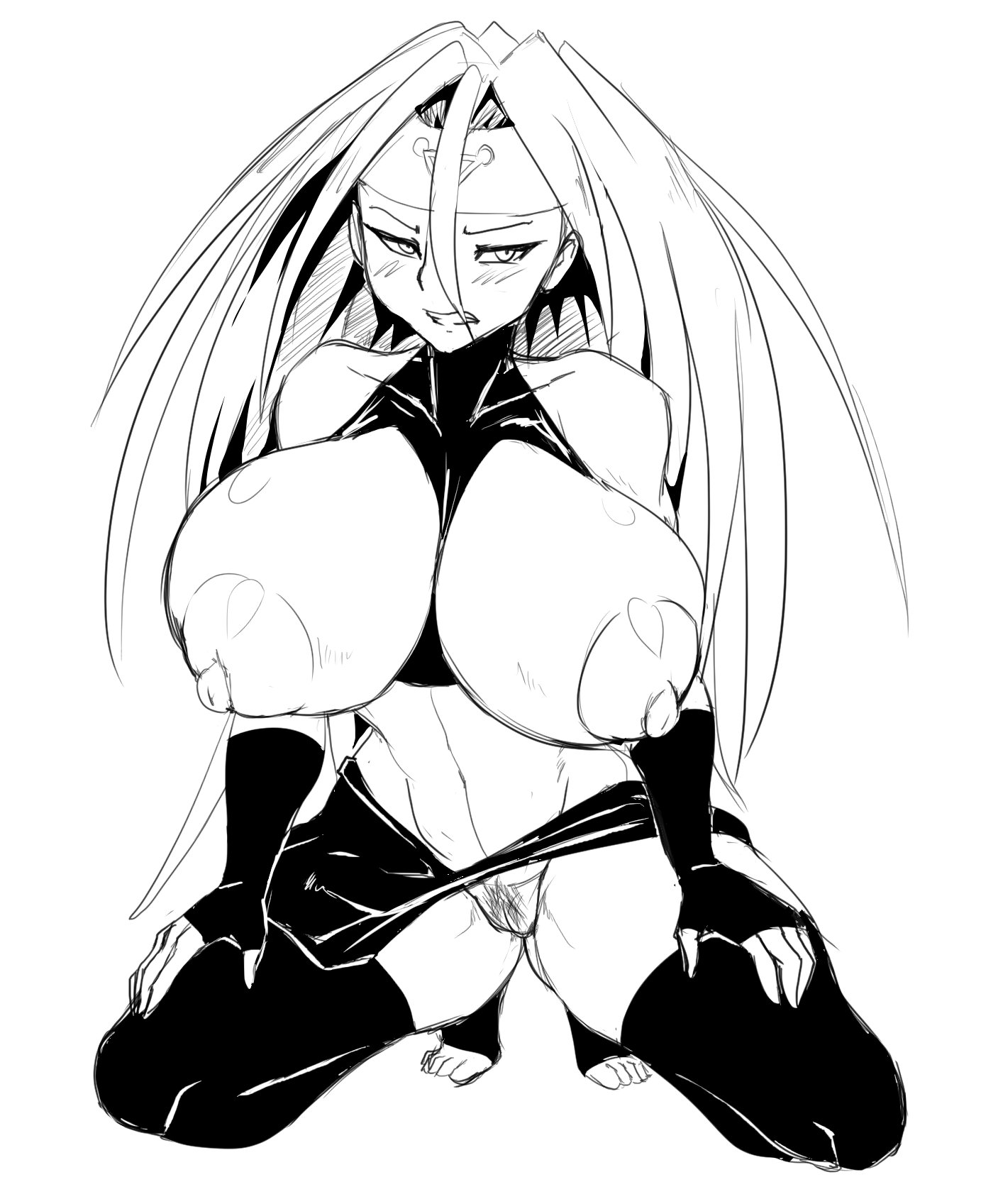 1girls, abs, big breasts, black and white, blush, breasts, breasts bigger than head, embarrassed, envy (fullmetal alchemist), female, fullmetal alchemist, gender transformation, hairy pussy, headband, huge breasts, long hair, pubes, pubic hair, pussy, pussy hair, rule 63, spread legs, thecon, thick thighs, transformation