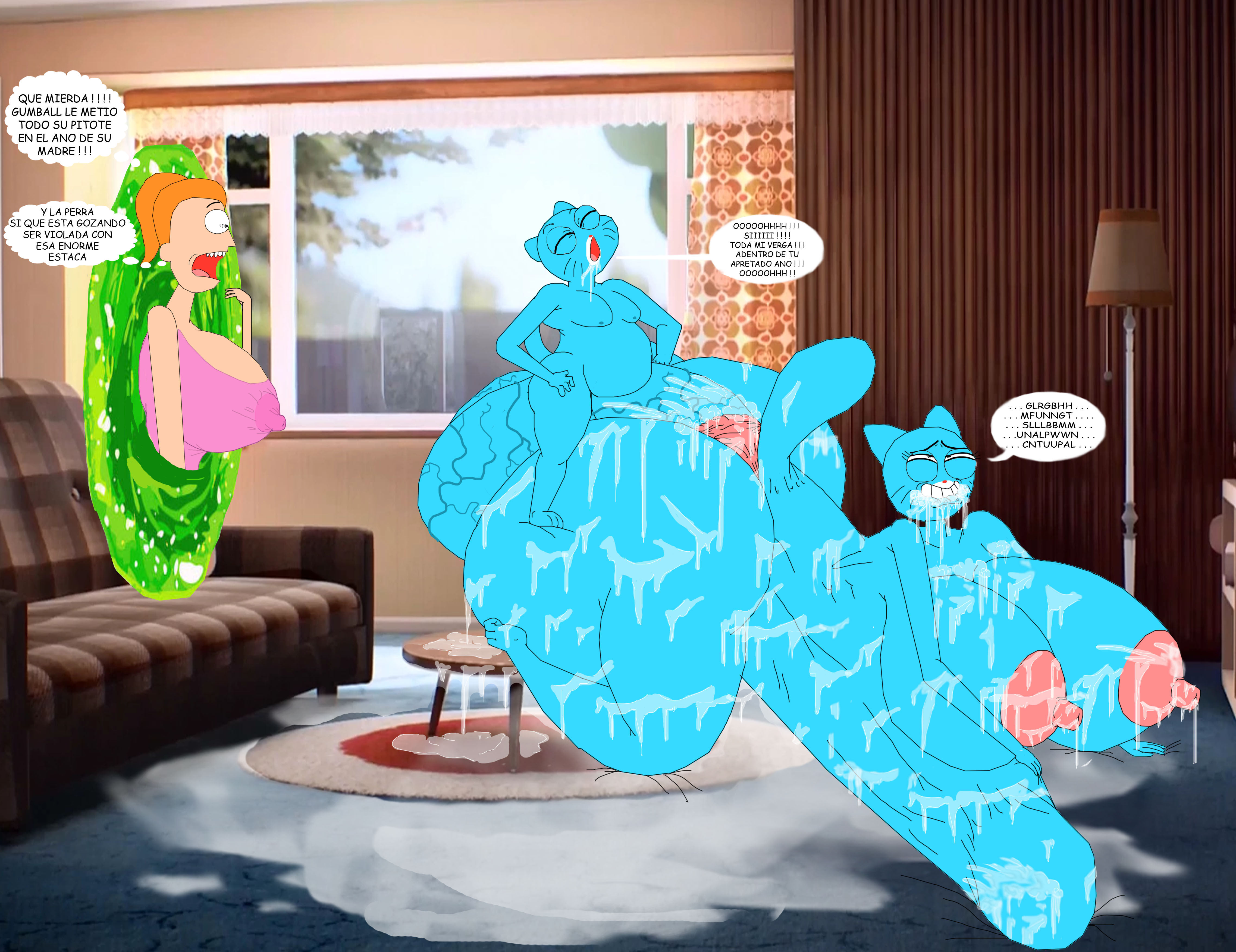 alternate breast size, anal, anthro, ass, balls, big ass, big breasts, big butt, big penis, blue skin, breasts, cartoon network, caught, caught in the act, crossover, cum, cum in ass, cum in mouth, cum inside, excessive cum, female, gigantic ass, gigantic balls, gigantic breasts, gigantic penis, gigantic testicles, gumball watterson, huge ass, huge breasts, hyper genitalia, incest, male, milf, mother, mother and child, mother and son, nicole watterson, orange hair, penis, rick and morty, sex, spanish text, summer smith, testicles, text, the amazing world of gumball, unknown artist