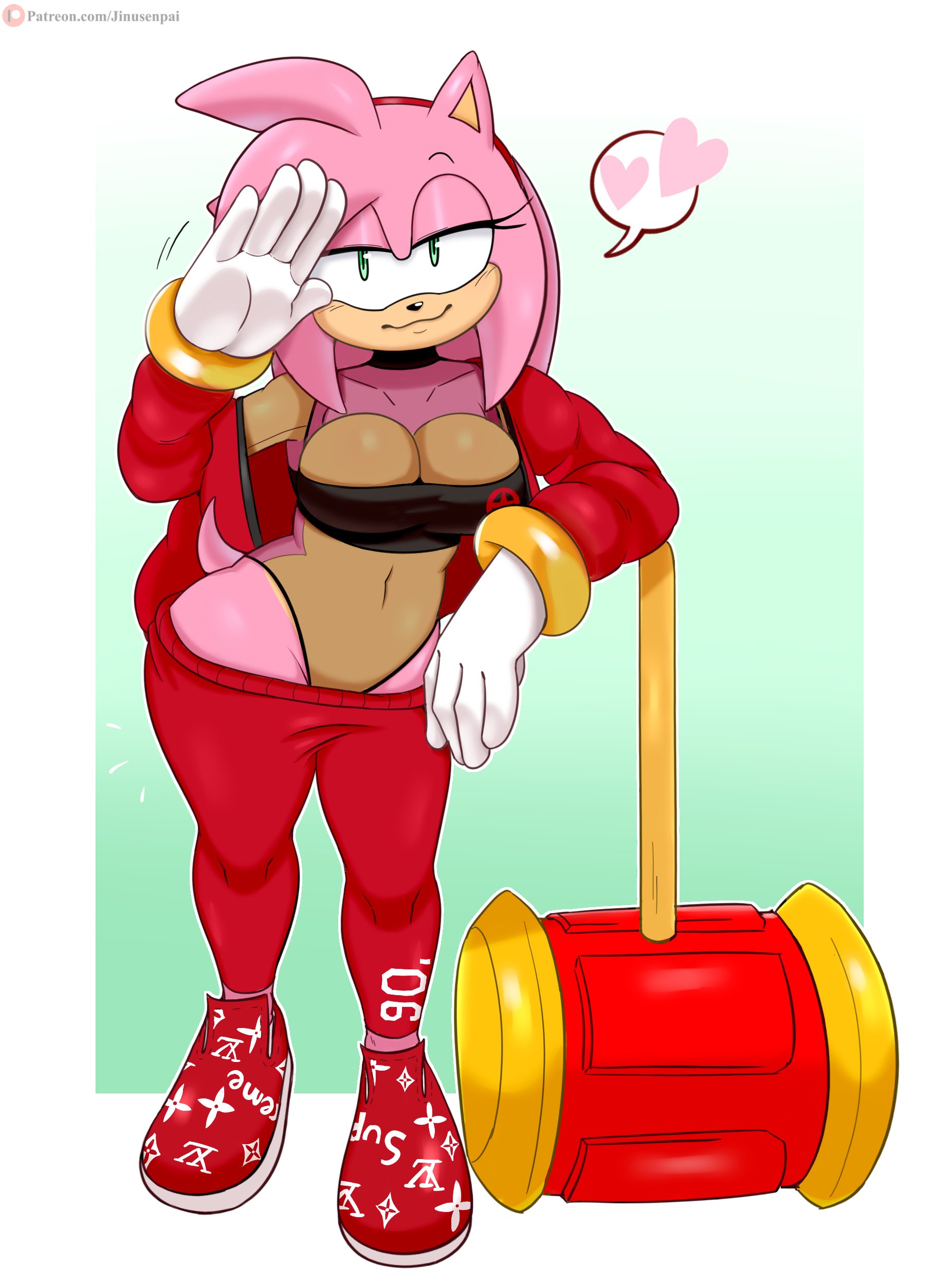 1girls, 2020, 5 fingers, amy rose, anthro, big breasts, breasts, breasts visible through clothing, eye contact, female, female only, fur, furry, furry breasts, furry ears, furry only, furry tail, green background, green eyes, hammer, hands, hearts, hi res, jacket, jinu, movement lines, piko piko hammer, pink body, pink fur, pink skin, sega, simple background, solo, sonic (series), sonic the hedgehog (series), speech bubble, thong, white background